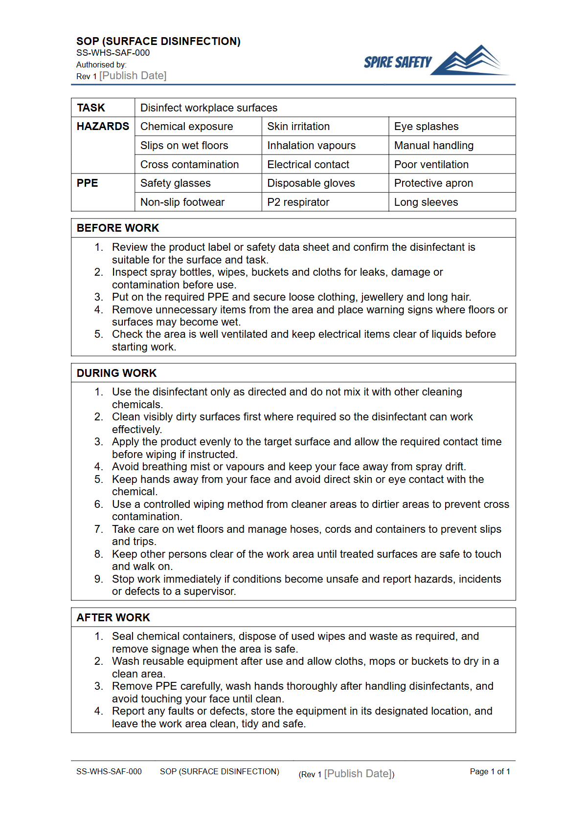Free Safe Operating Procedure (Surface Disinfection) Template — document preview