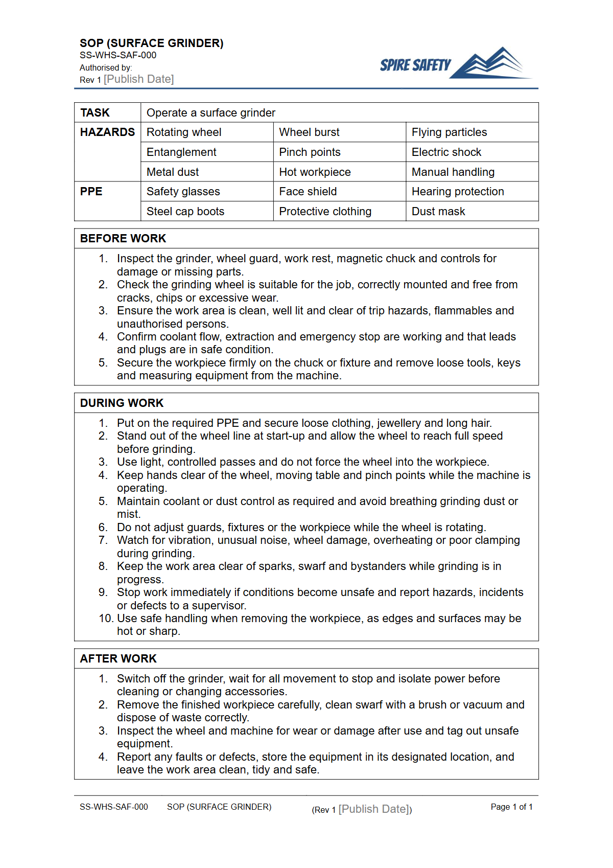 Free Safe Operating Procedure (Surface Grinder) Template — document preview
