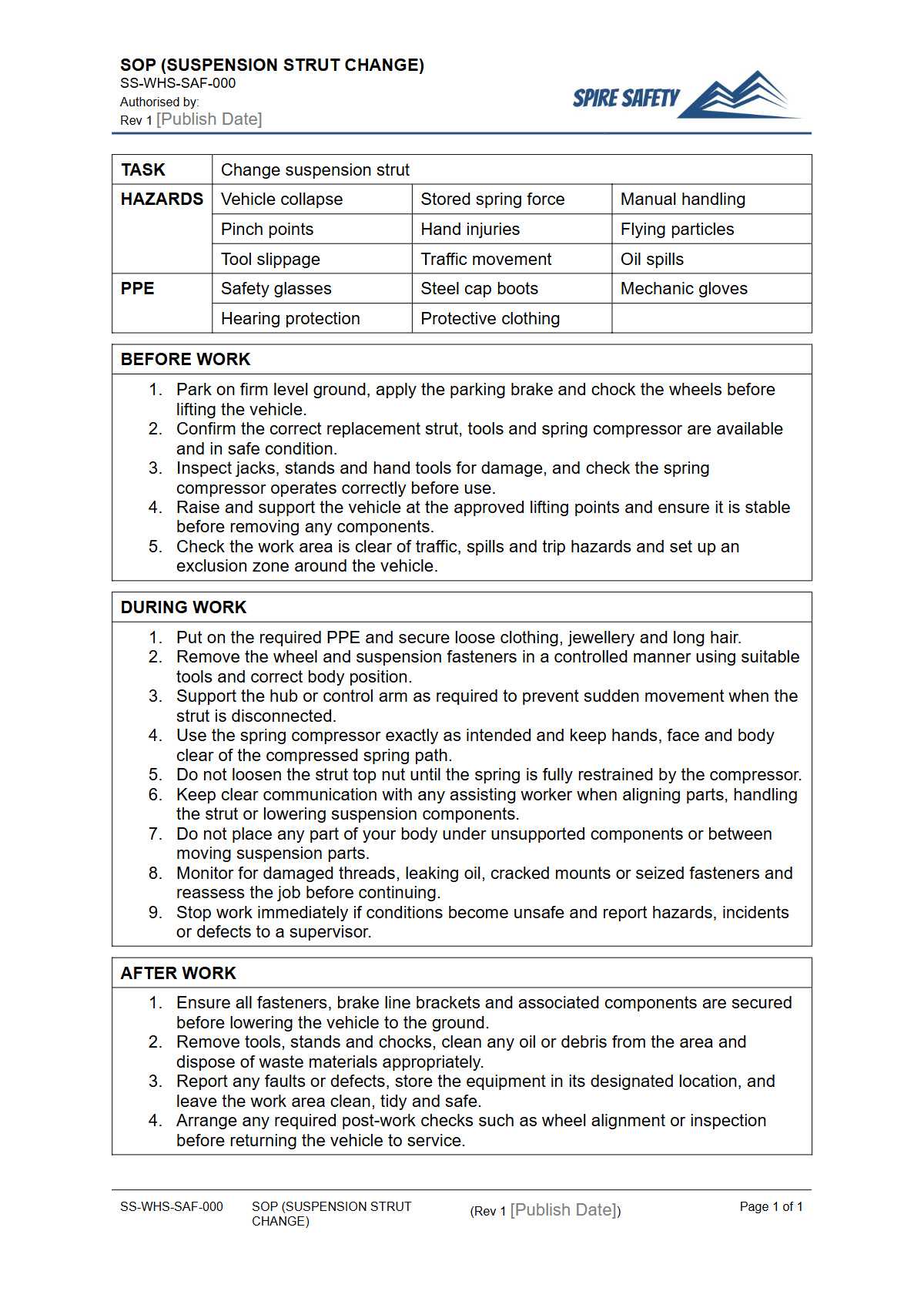 Free Safe Operating Procedure (Suspension Strut Change) Template — document preview