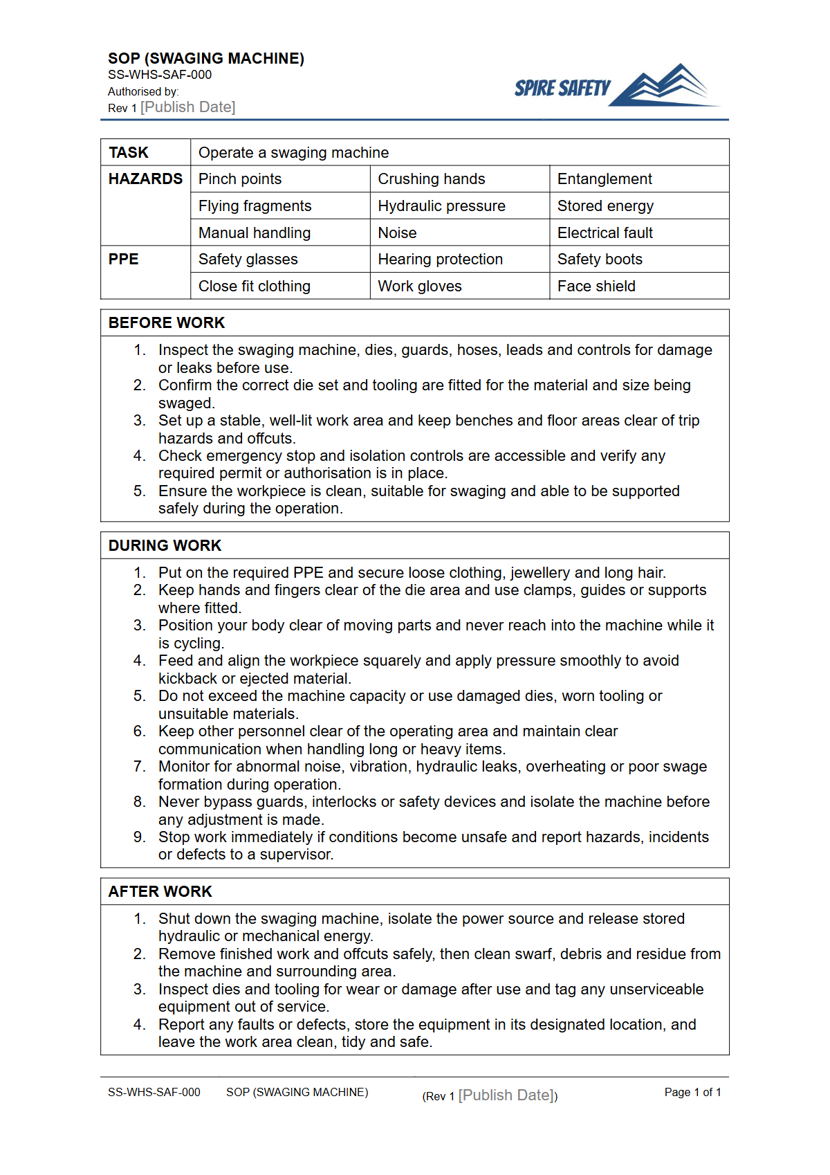 Free Safe Operating Procedure (Swaging Machine) Template — document preview