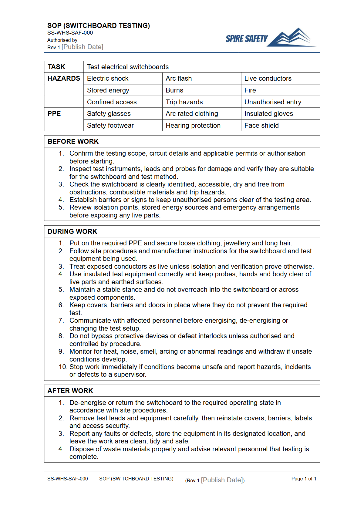 Free Safe Operating Procedure (Switchboard Testing) Template — document preview