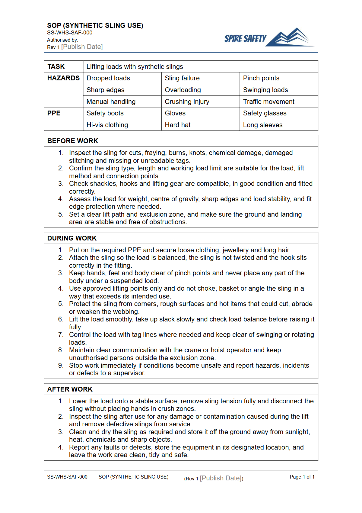 Free Safe Operating Procedure (Synthetic Sling Use) Template — document preview