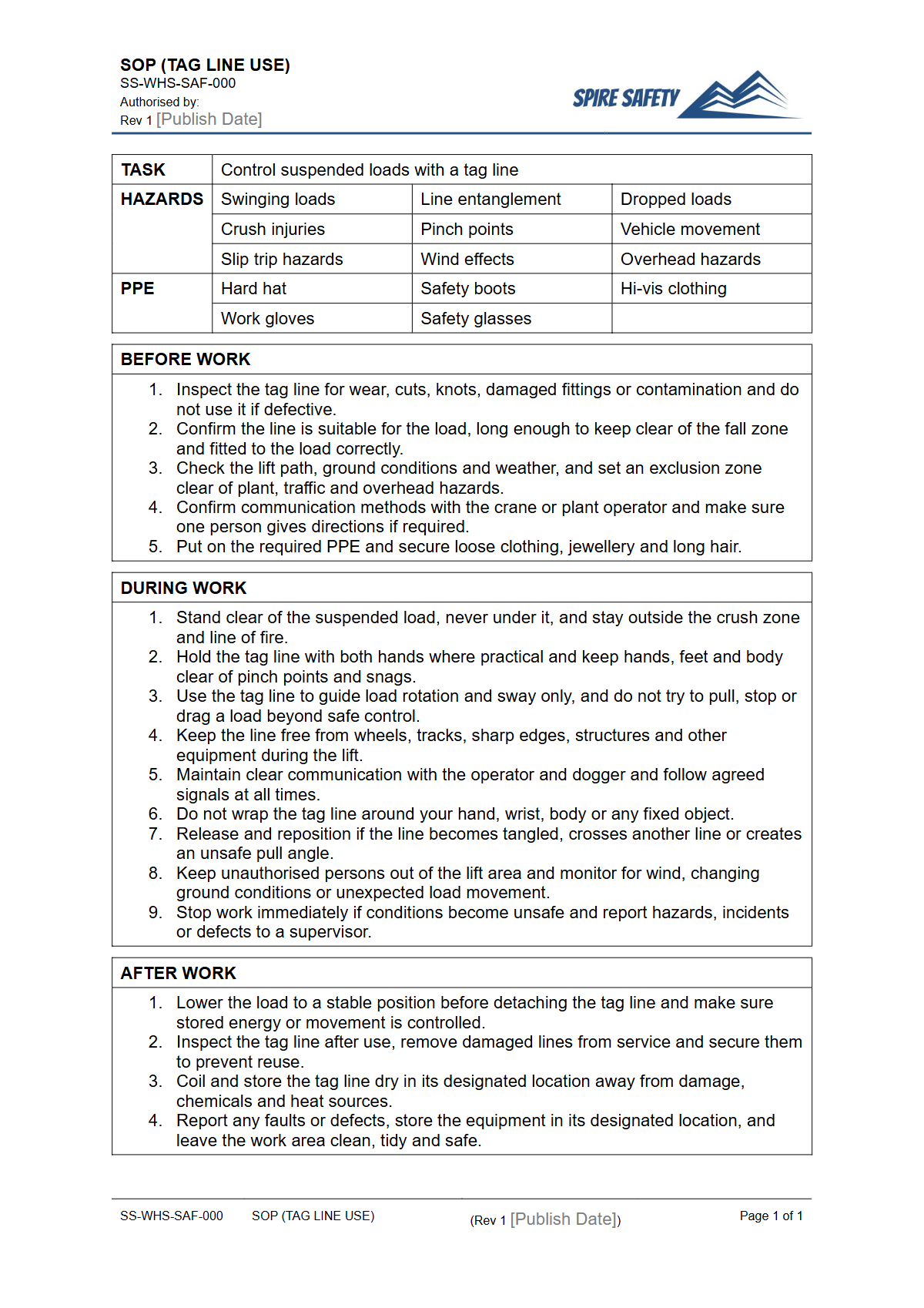 Free Safe Operating Procedure (Tag Line Use) Template — document preview
