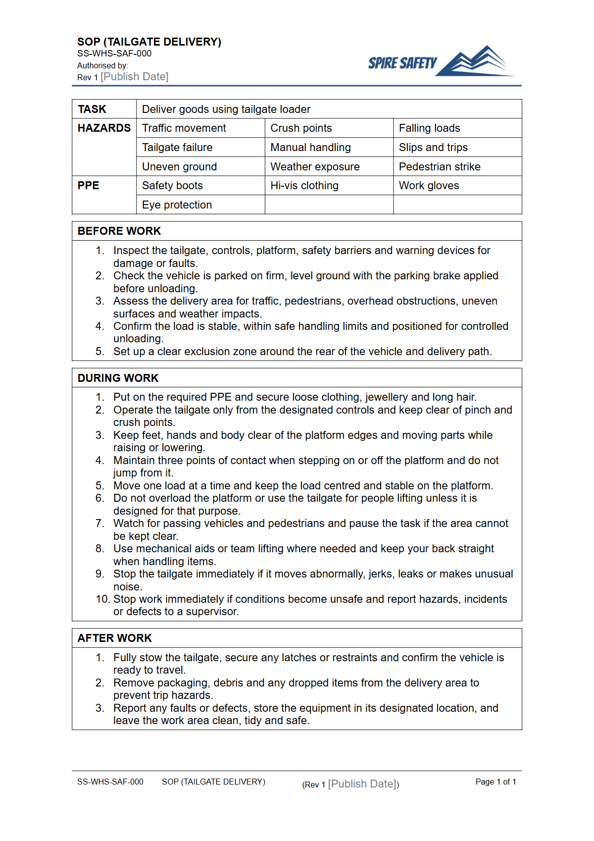 Free Safe Operating Procedure (Tailgate Delivery) Template — document preview