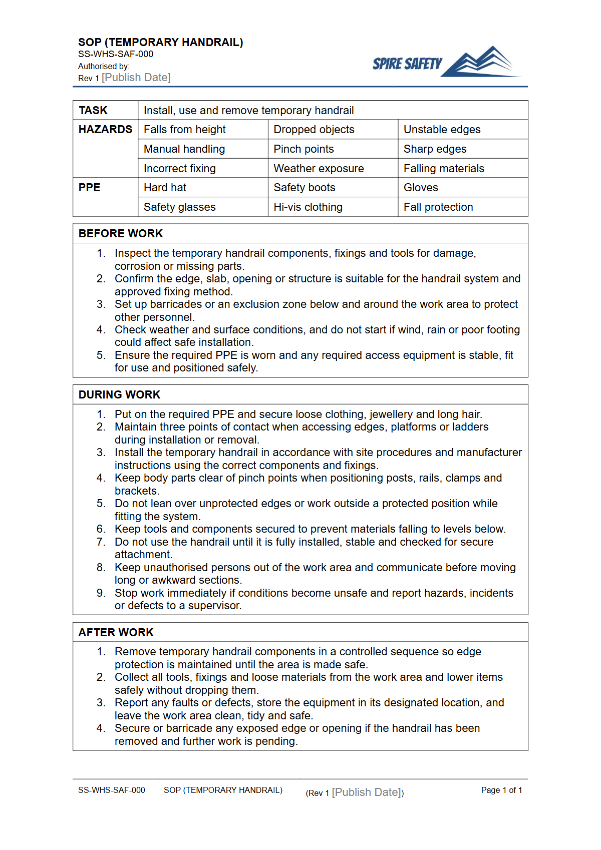 Free Safe Operating Procedure (Temporary Handrail) Template — document preview