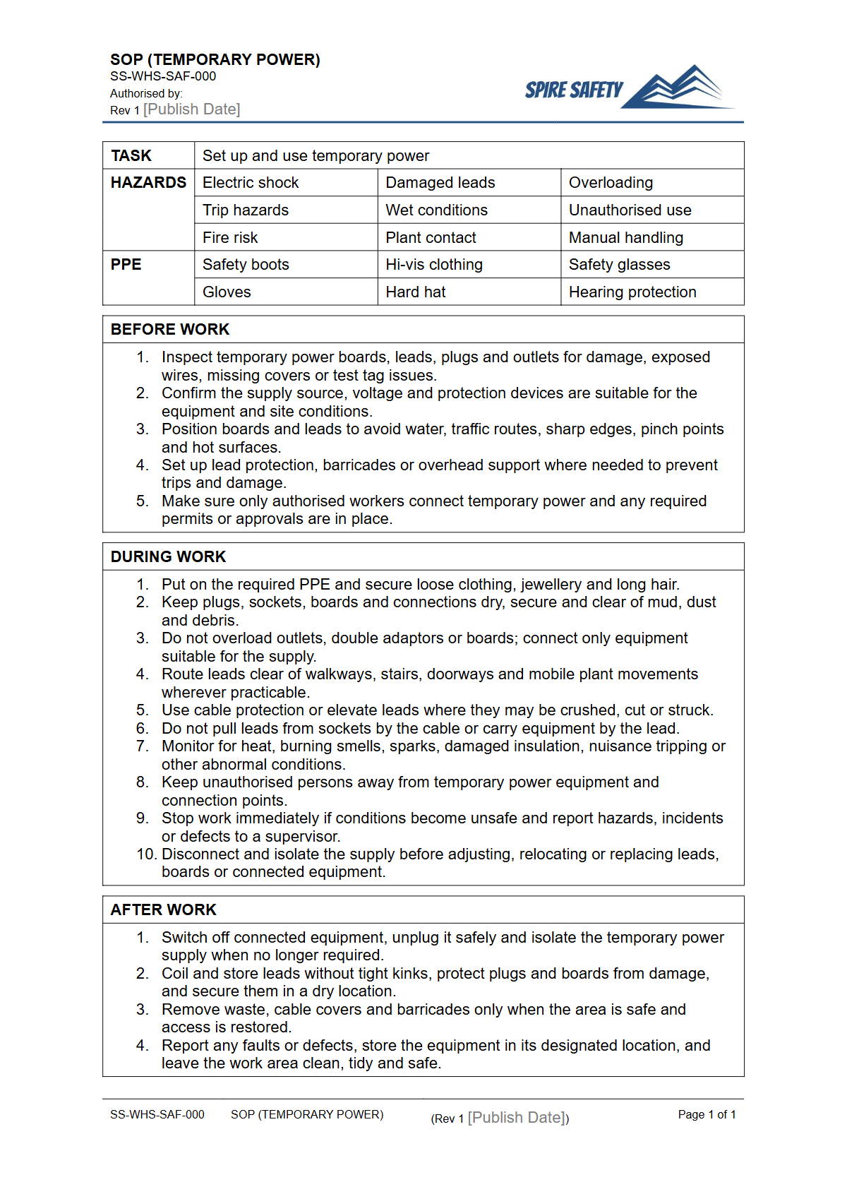 Free Safe Operating Procedure (Temporary Power) Template — document preview