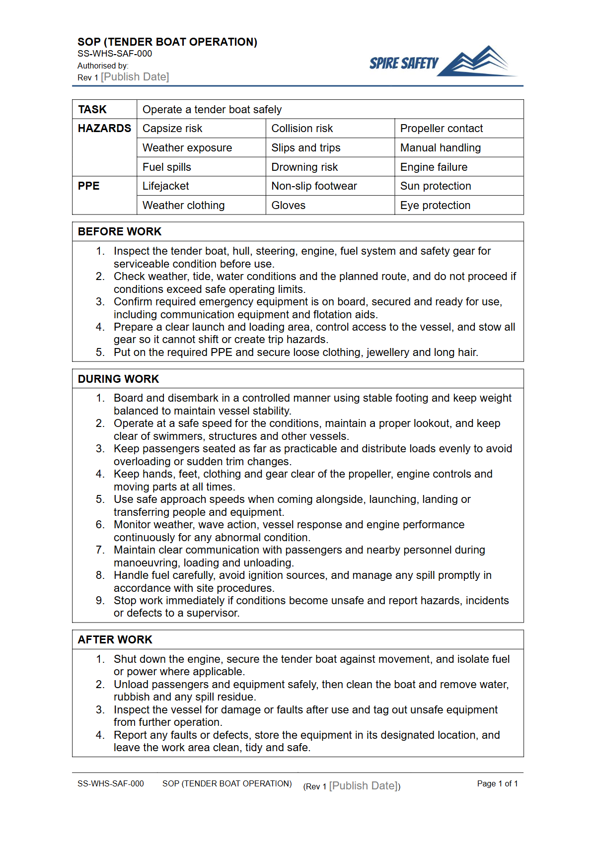 Free Safe Operating Procedure (Tender Boat Operation) Template — document preview