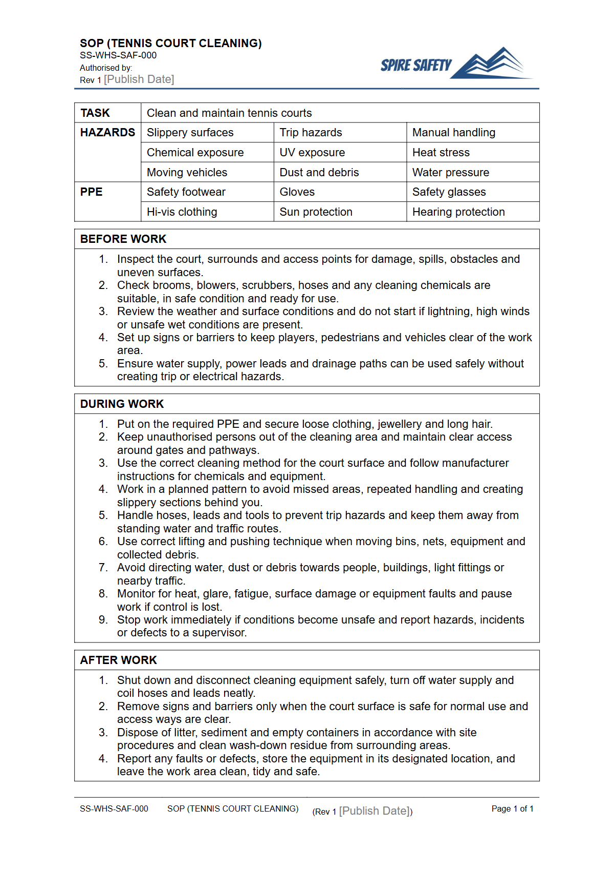 Free Safe Operating Procedure (Tennis Court Cleaning) Template — document preview