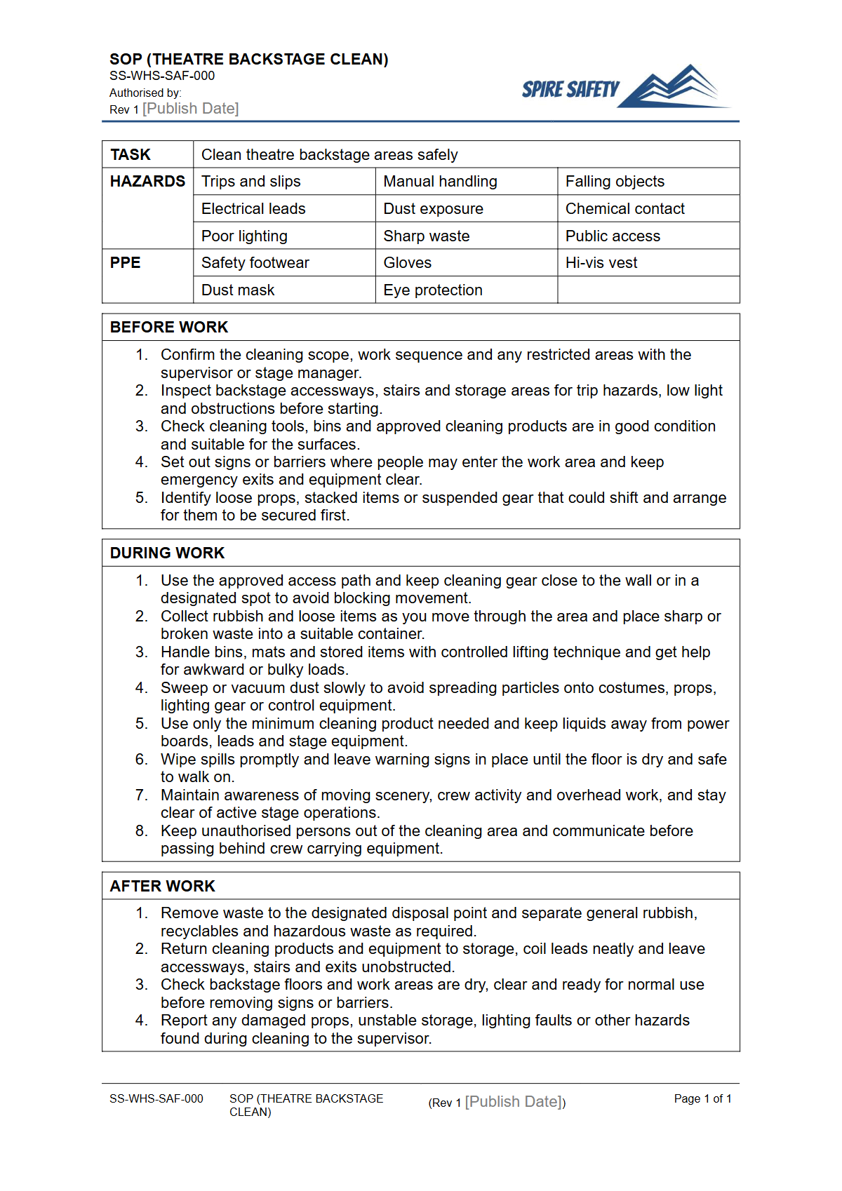 Free Safe Operating Procedure (Theatre Backstage Clean) Template — document preview