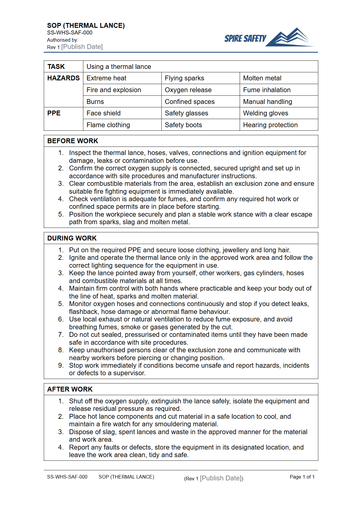 Free Safe Operating Procedure (Thermal Lance) Template — document preview