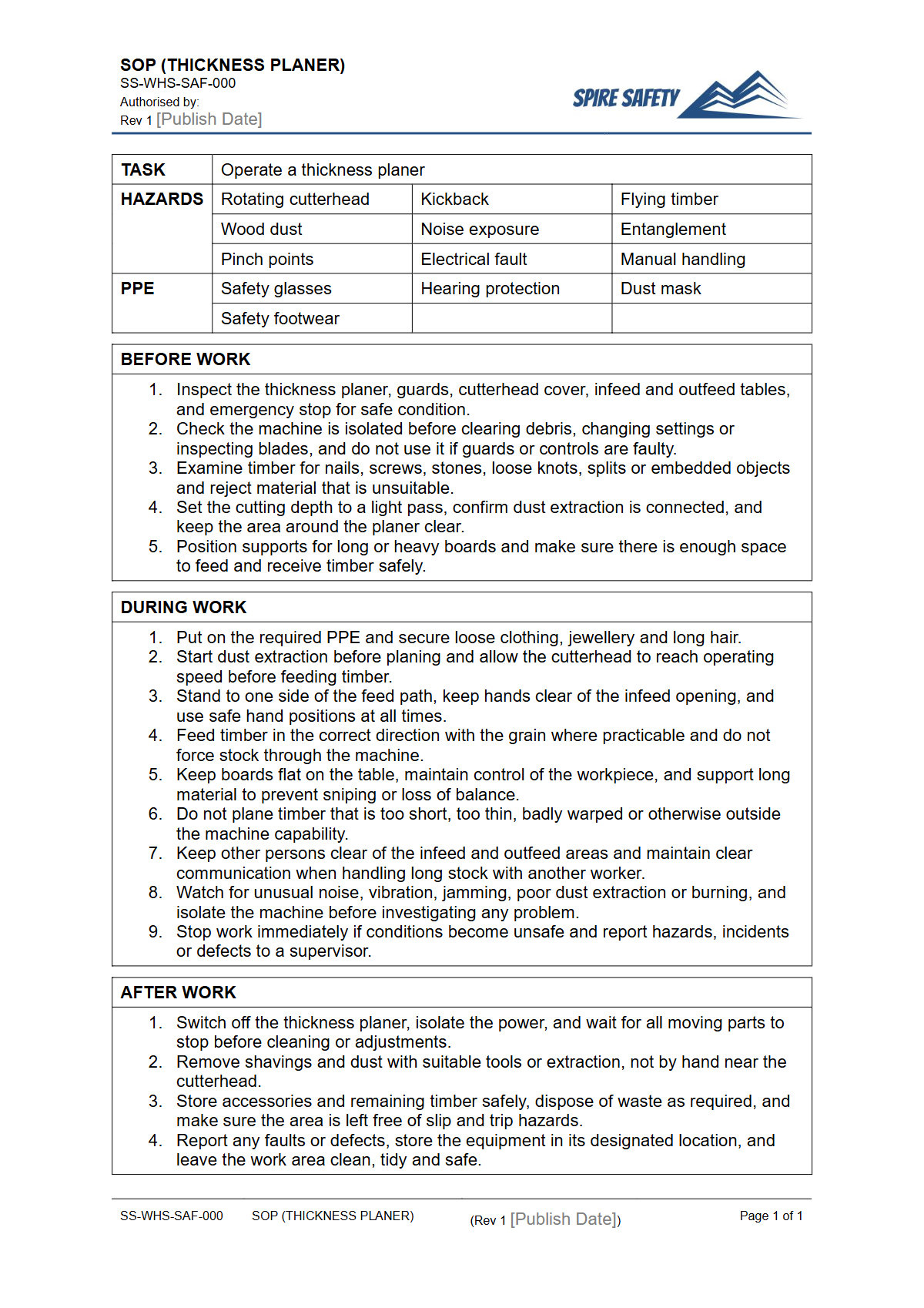 Free Safe Operating Procedure (Thickness Planer) Template — document preview