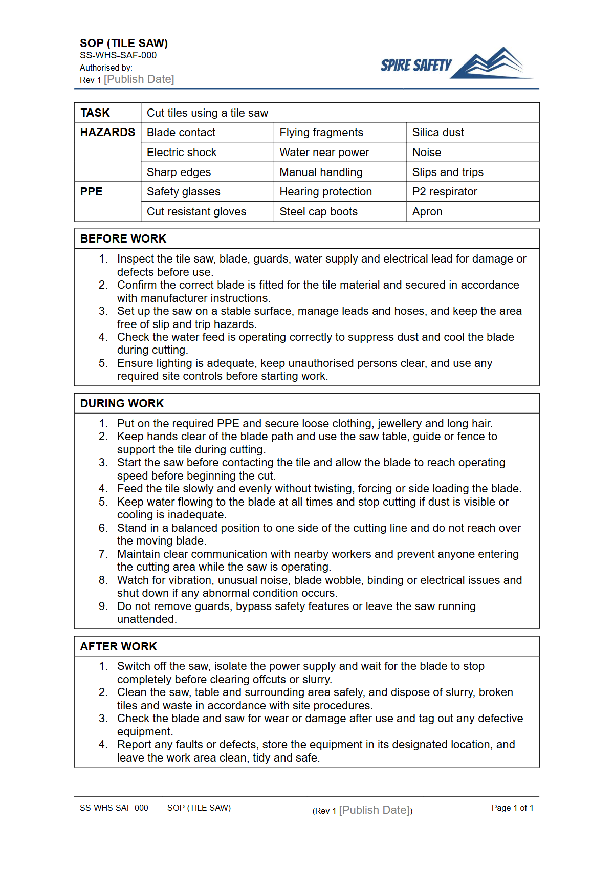 Free Safe Operating Procedure (Tile Saw) Template — document preview