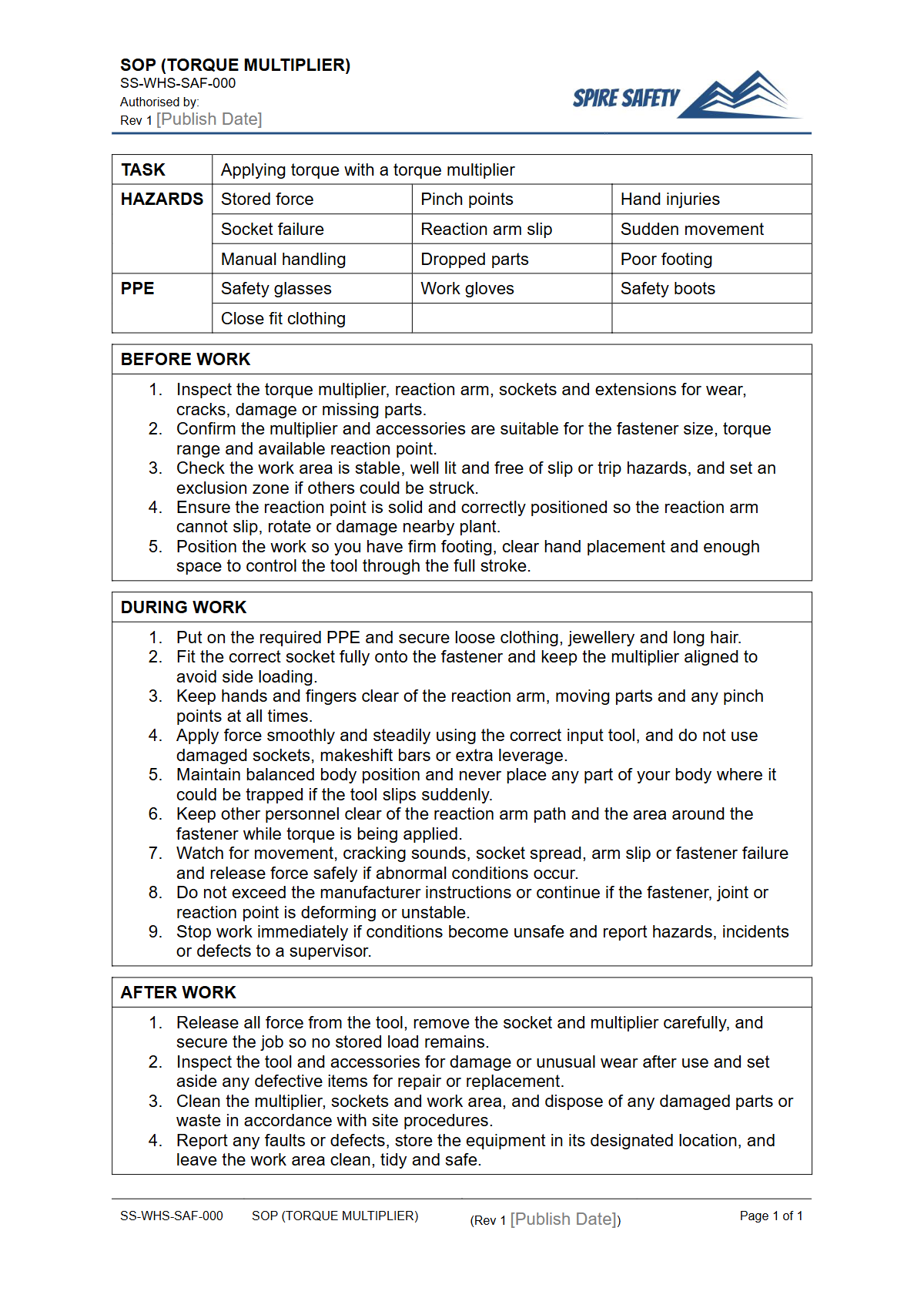 Free Safe Operating Procedure (Torque Multiplier) Template — document preview