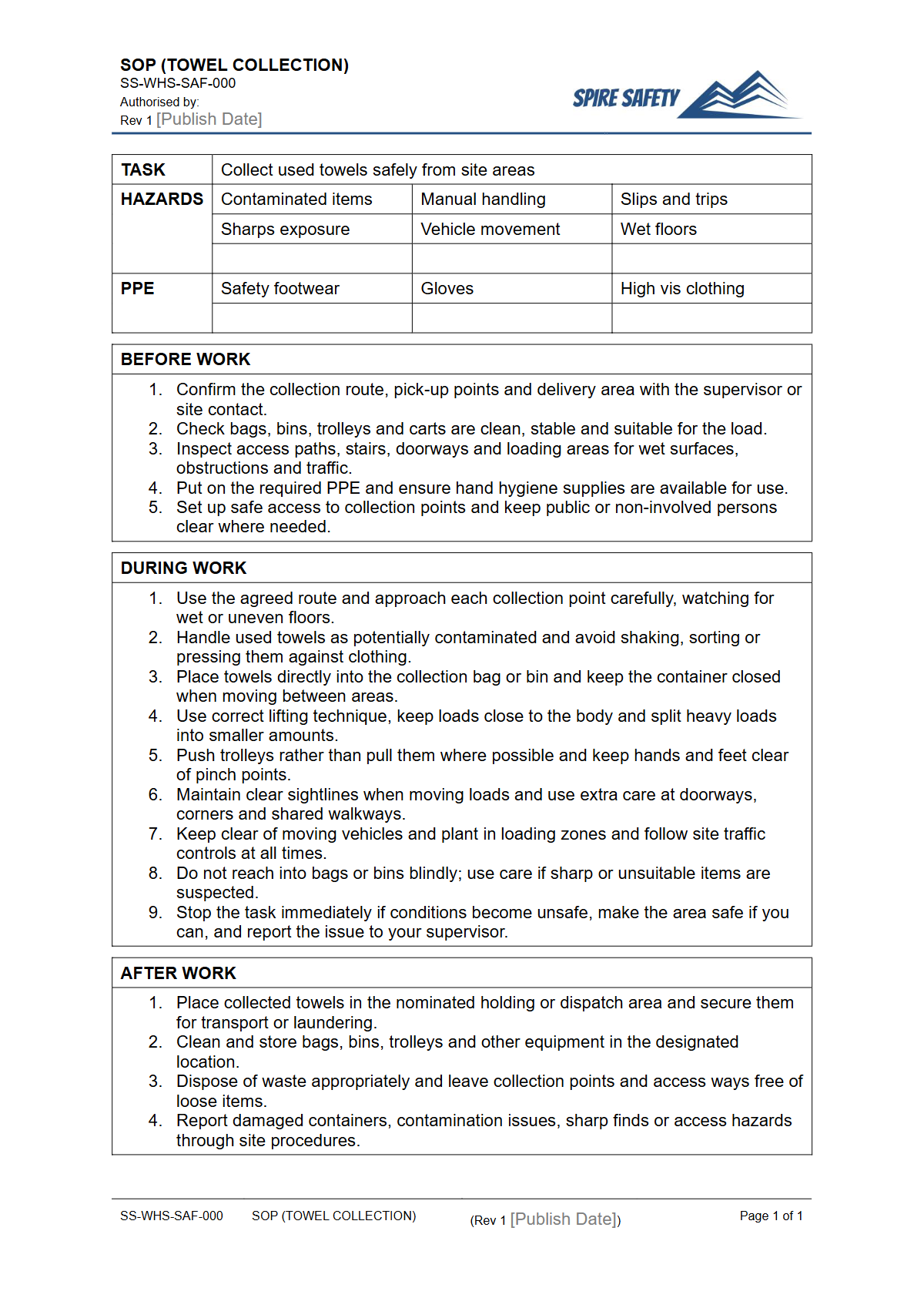 Free Safe Operating Procedure (Towel Collection) Template — document preview