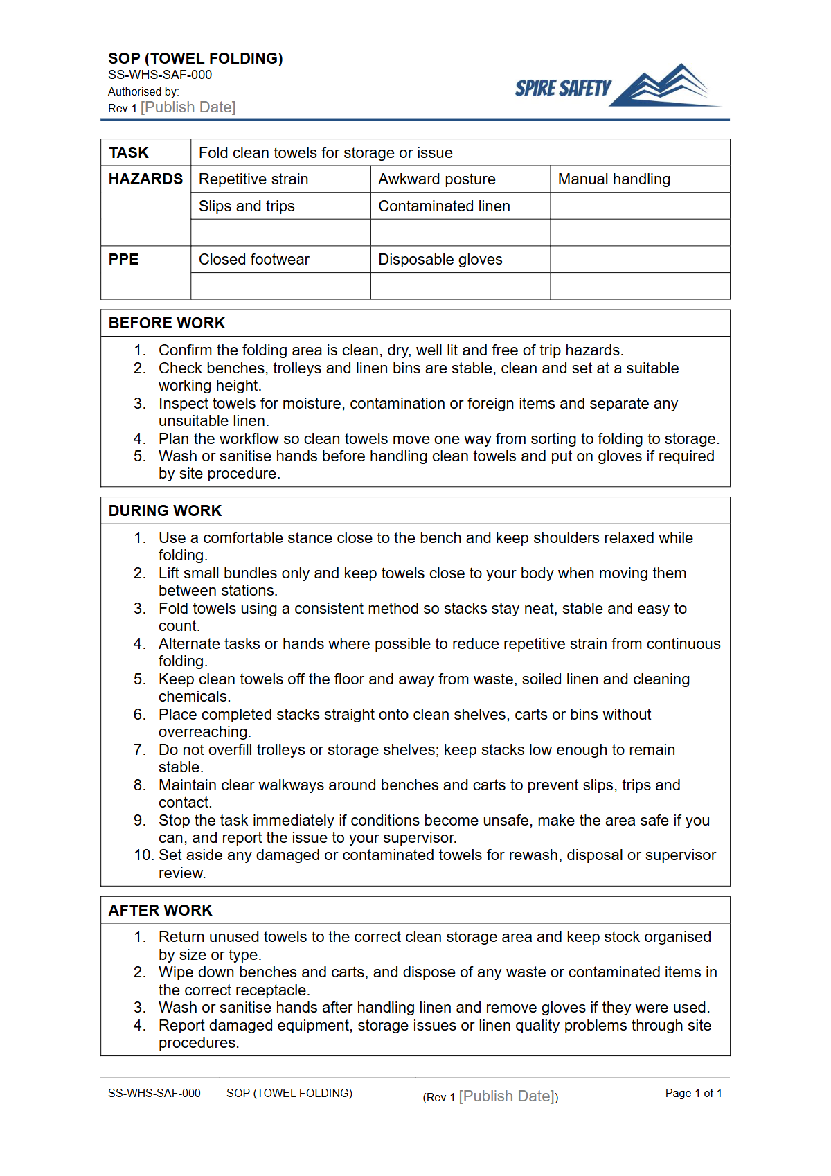Free Safe Operating Procedure (Towel Folding) Template — document preview