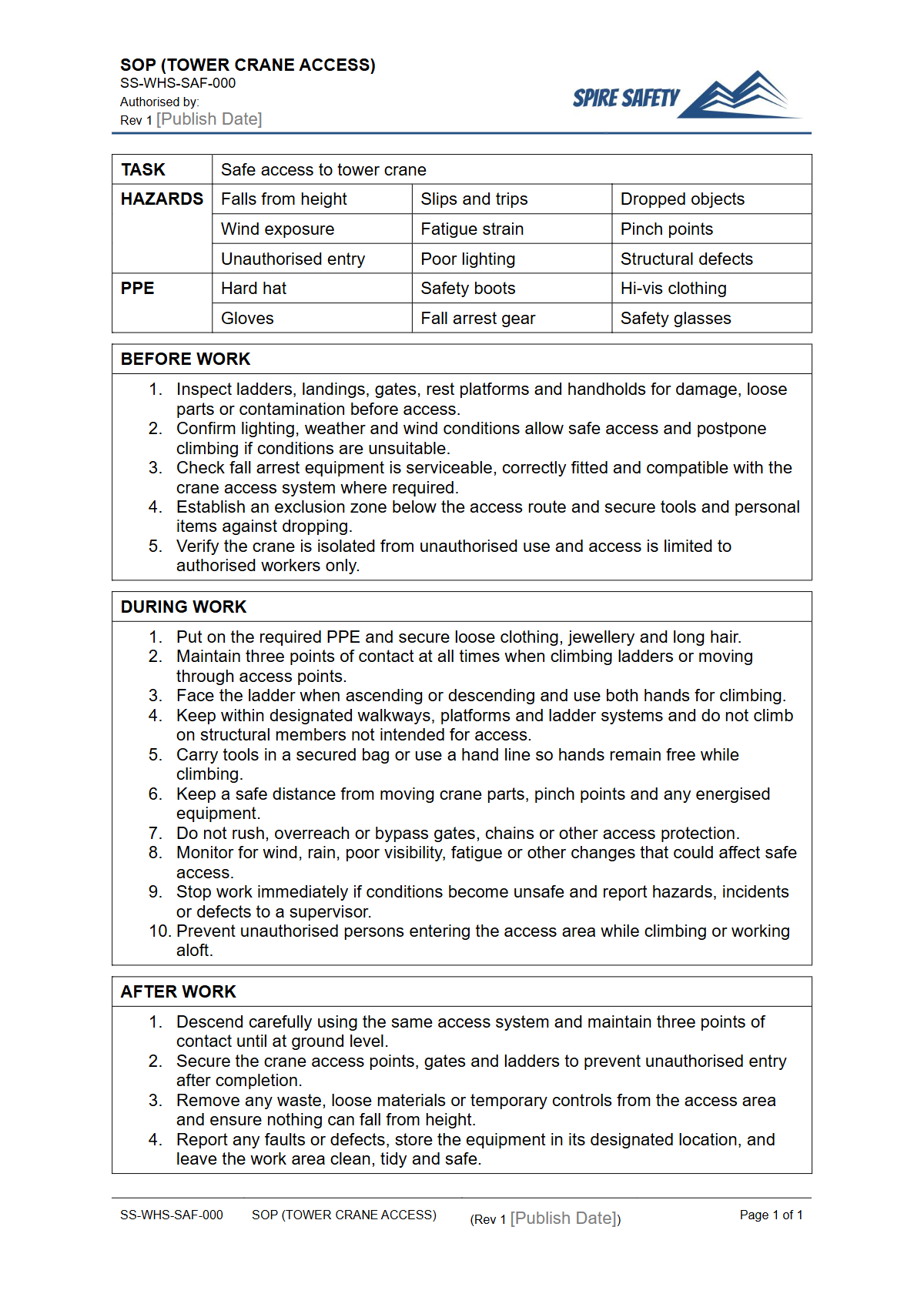 Free Safe Operating Procedure (Tower Crane Access) Template — document preview