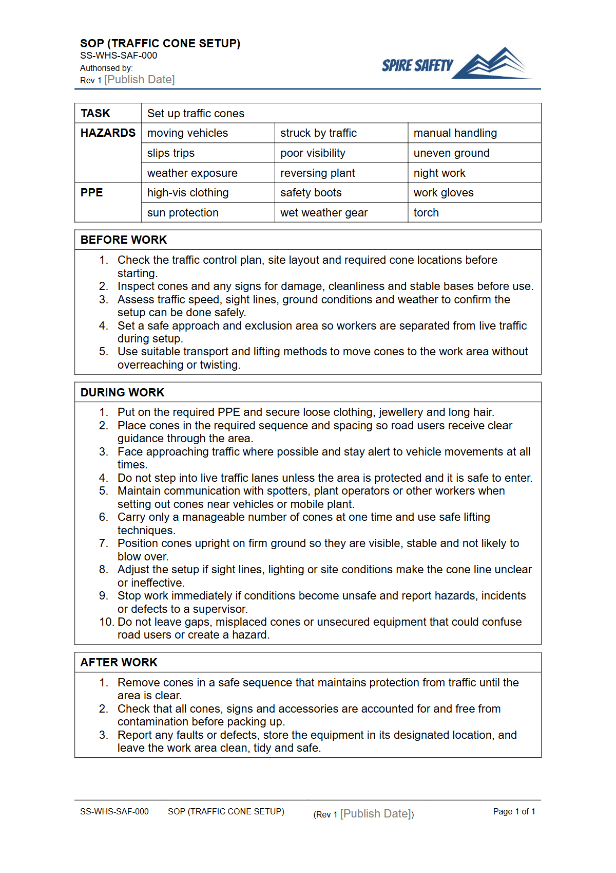 Free Safe Operating Procedure (Traffic Cone Setup) Template — document preview