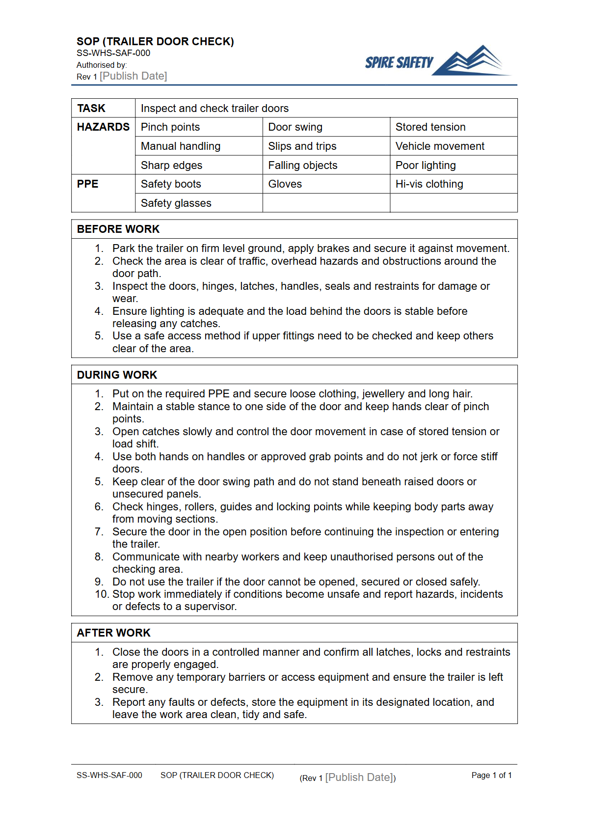 Free Safe Operating Procedure (Trailer Door Check) Template — document preview