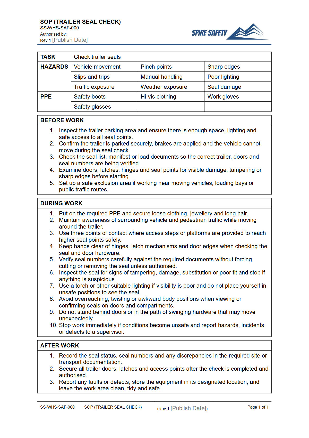 Free Safe Operating Procedure (Trailer Seal Check) Template — document preview