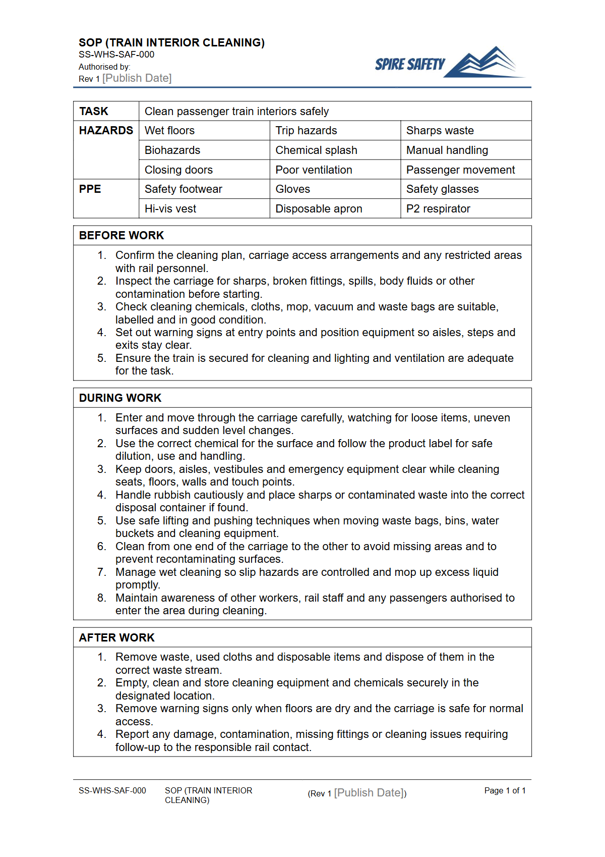 Free Safe Operating Procedure (Train Interior Cleaning) Template — document preview