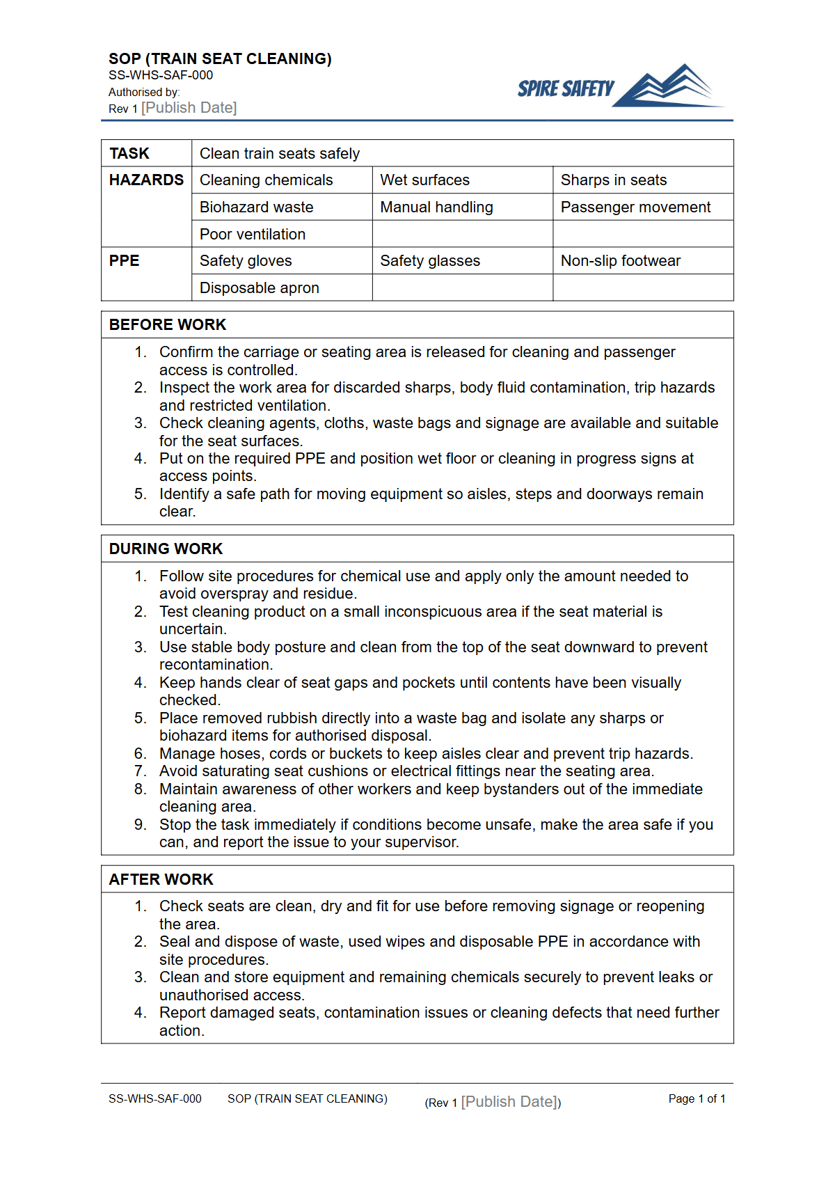 Free Safe Operating Procedure (Train Seat Cleaning) Template — document preview