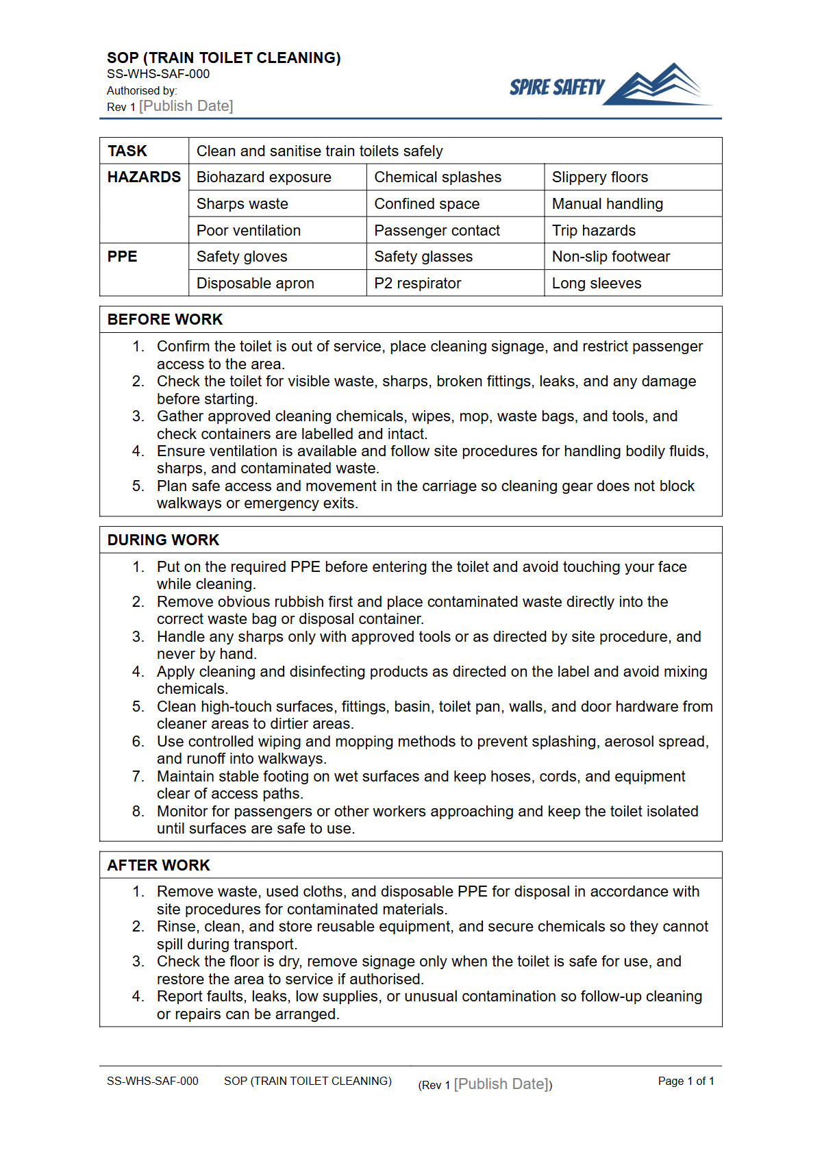 Free Safe Operating Procedure (Train Toilet Cleaning) Template — document preview