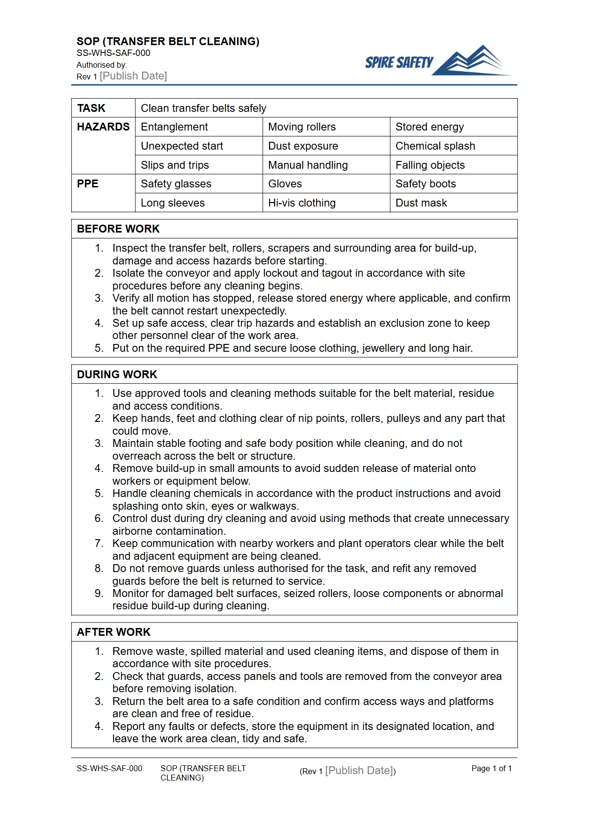 Free Safe Operating Procedure (Transfer Belt Cleaning) Template — document preview