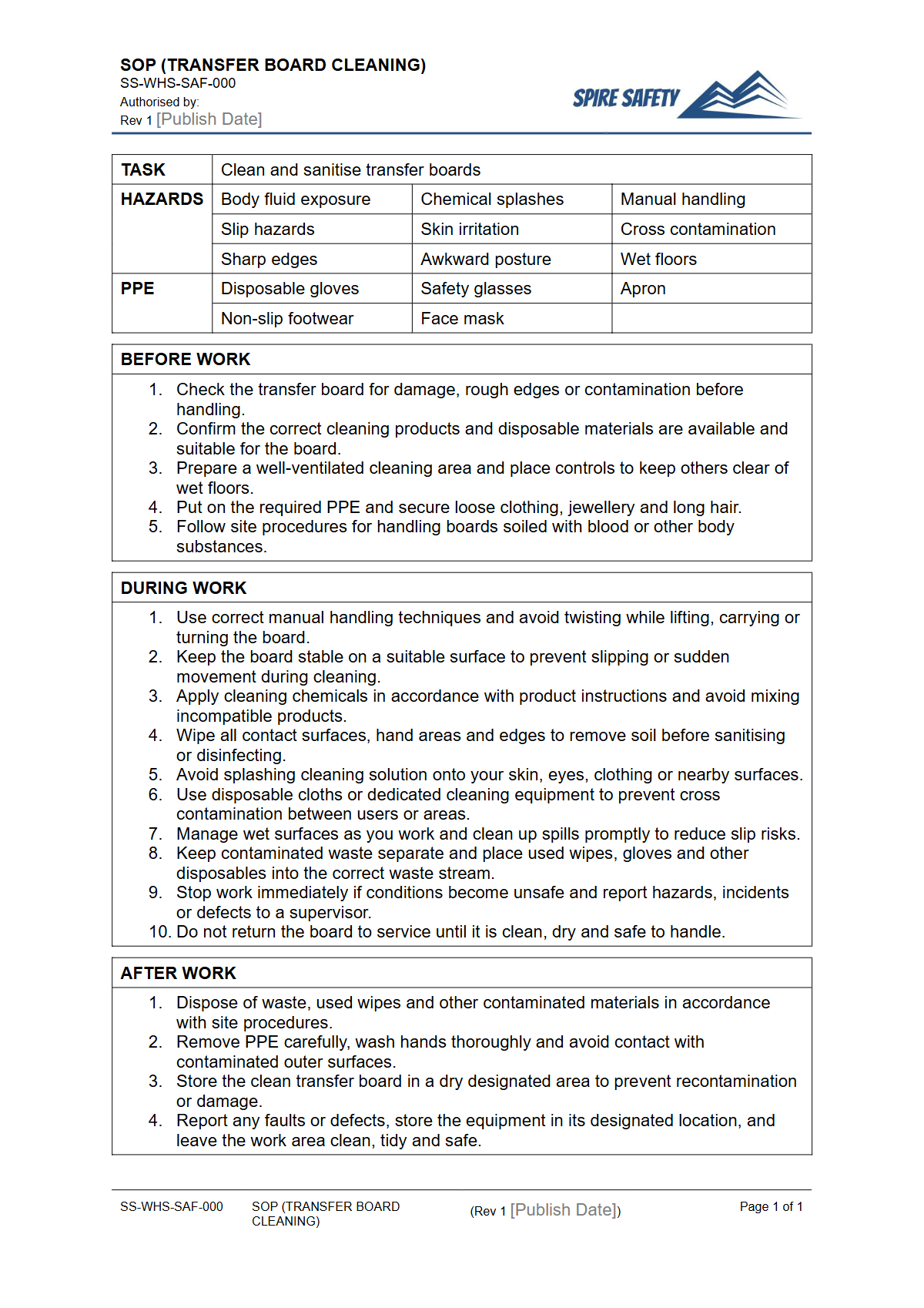 Free Safe Operating Procedure (Transfer Board Cleaning) Template — document preview