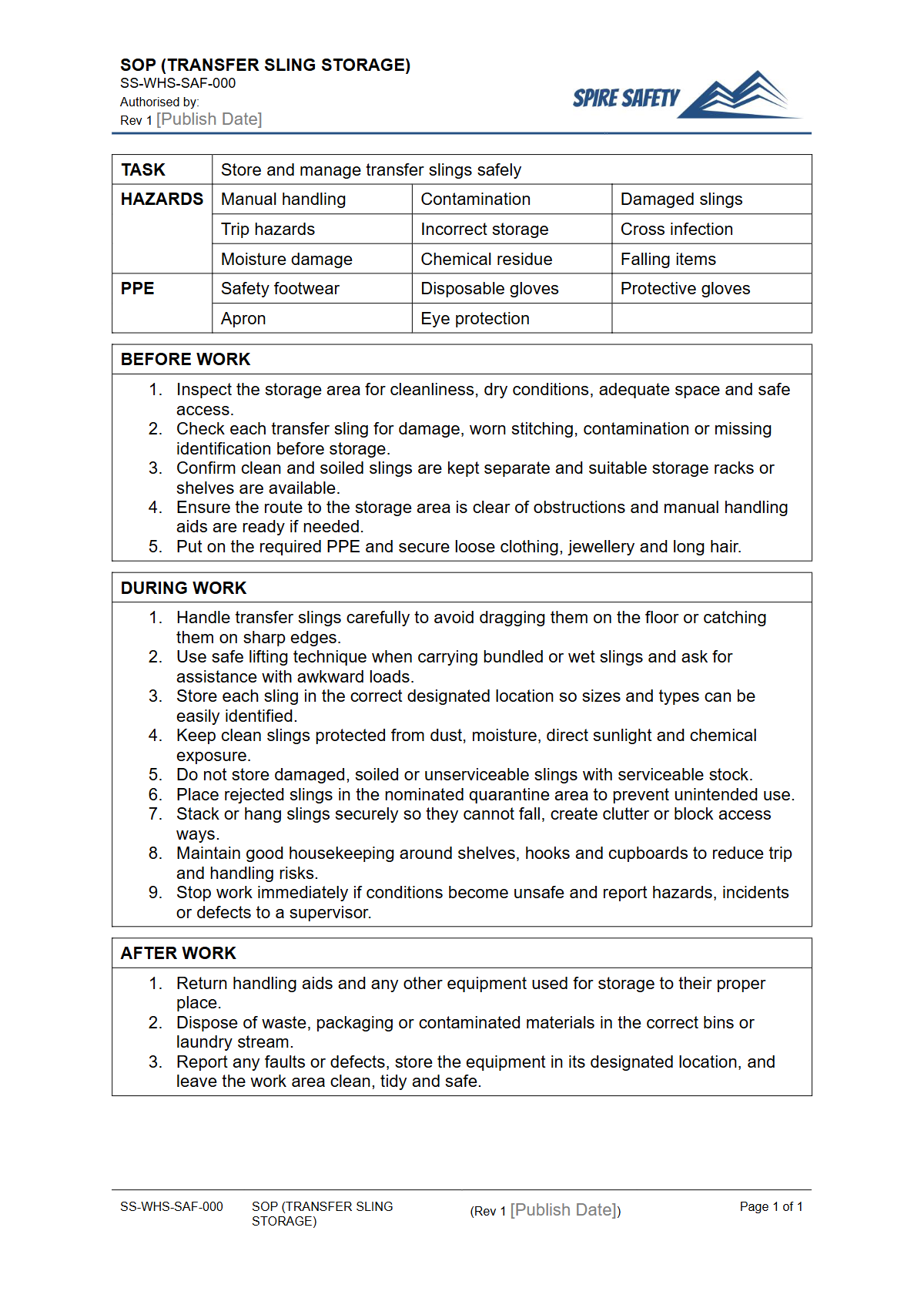 Free Safe Operating Procedure (Transfer Sling Storage) Template — document preview