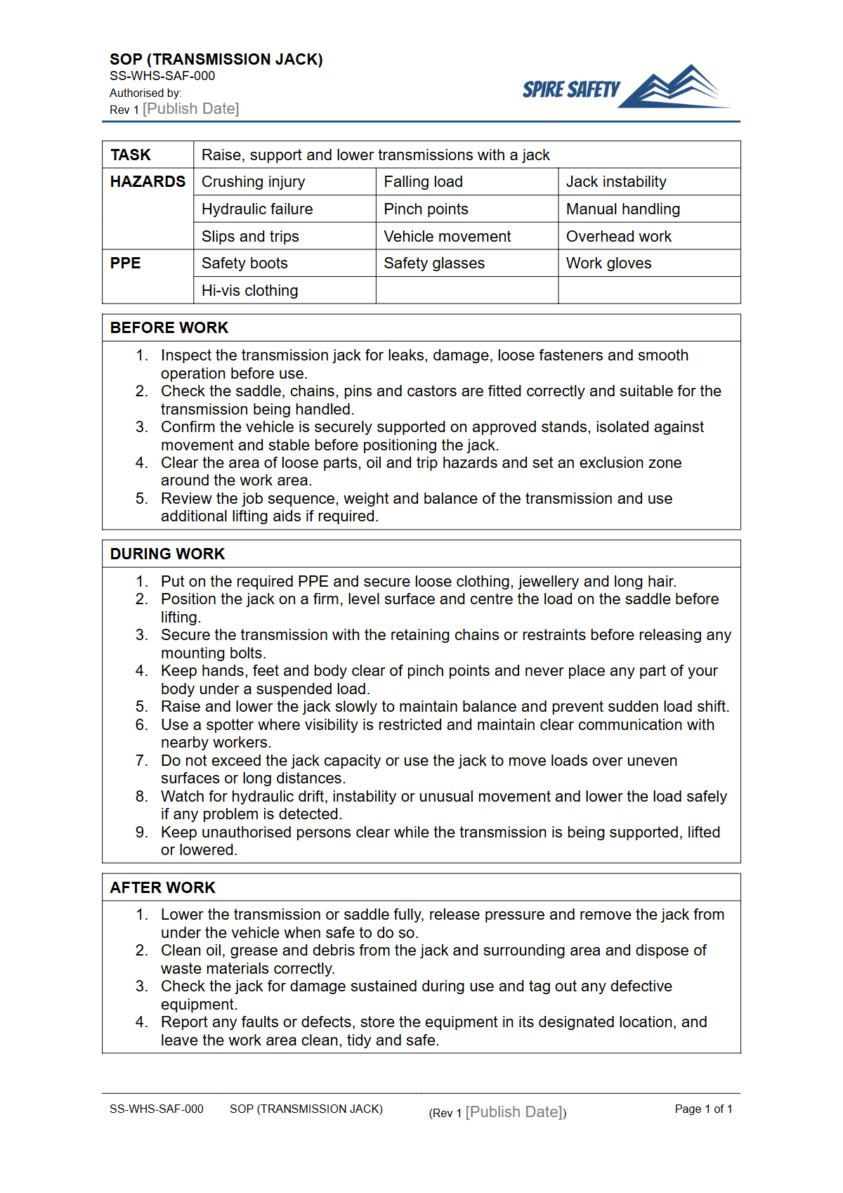Free Safe Operating Procedure (Transmission Jack) Template — document preview