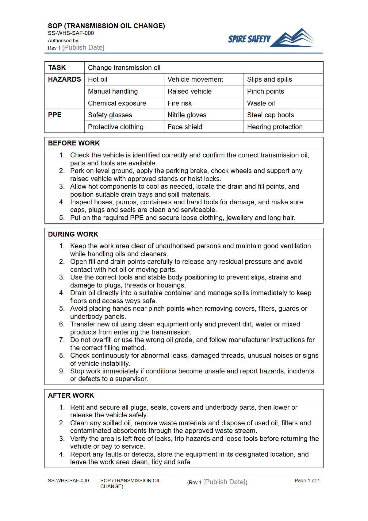 Free Safe Operating Procedure (Transmission Oil Change) Template — document preview