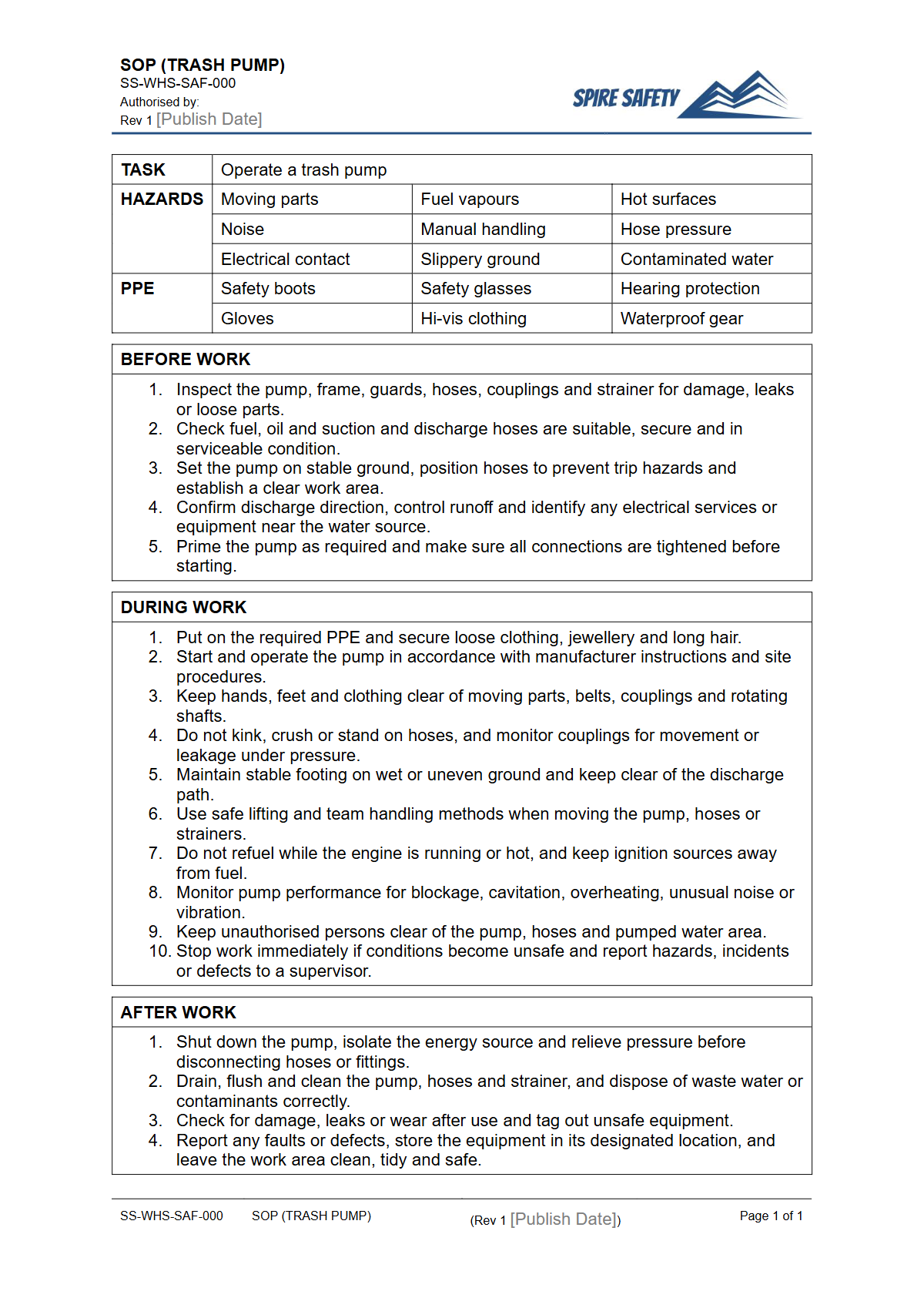Free Safe Operating Procedure (Trash Pump) Template — document preview