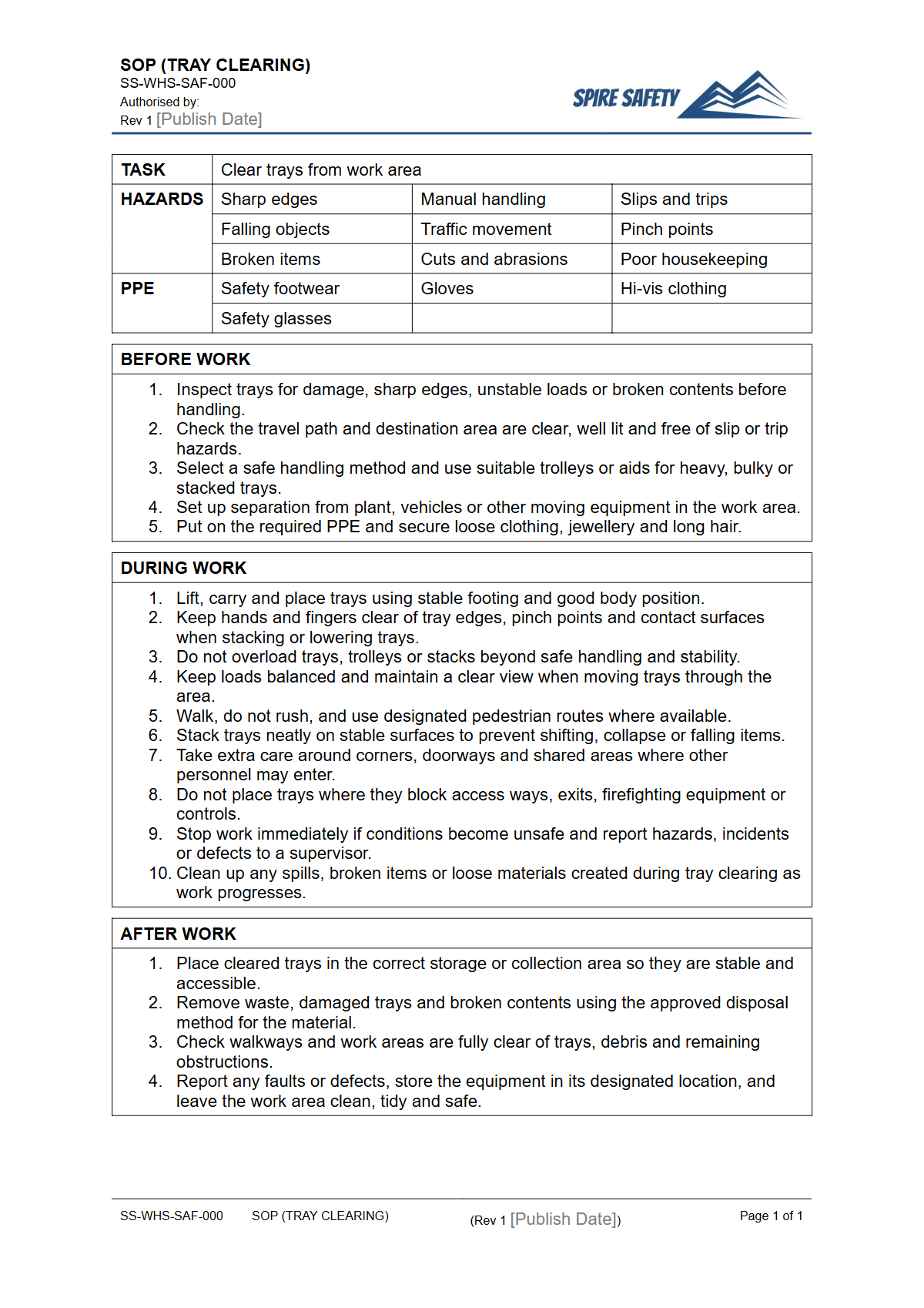 Free Safe Operating Procedure (Tray Clearing) Template — document preview