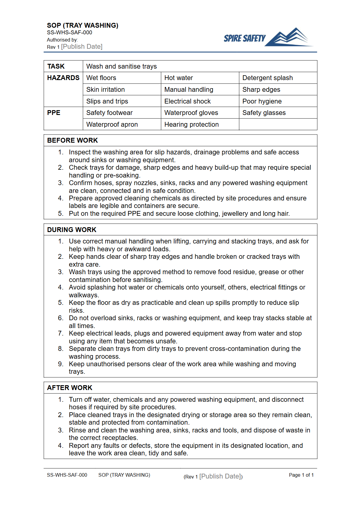 Free Safe Operating Procedure (Tray Washing) Template — document preview