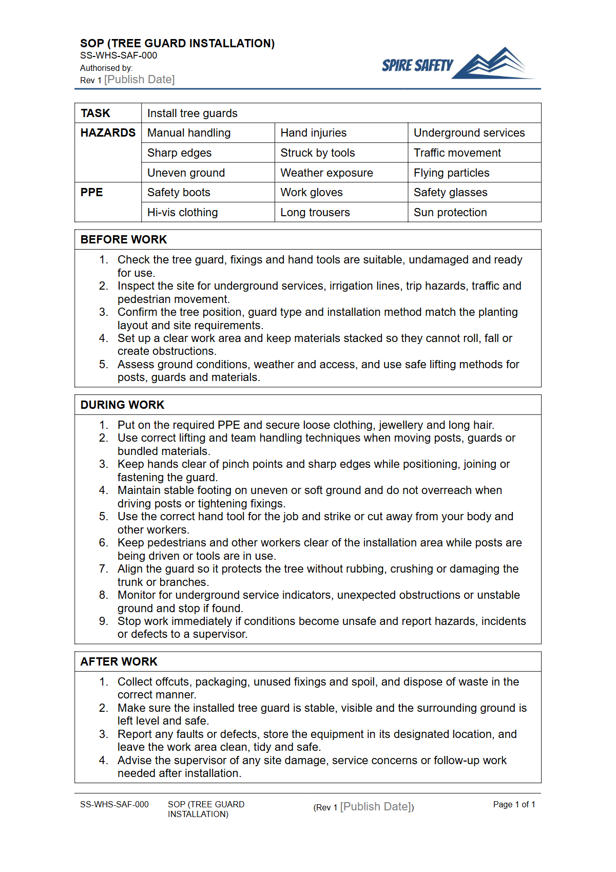 Free Safe Operating Procedure (Tree Guard Installation) Template — document preview