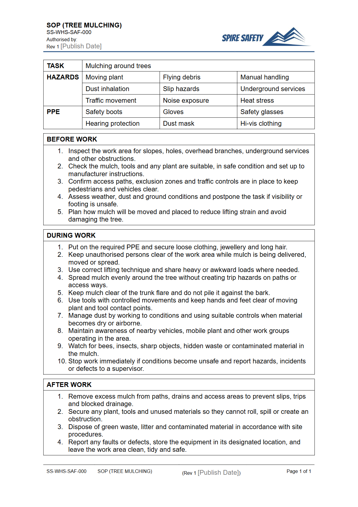 Free Safe Operating Procedure (Tree Mulching) Template — document preview