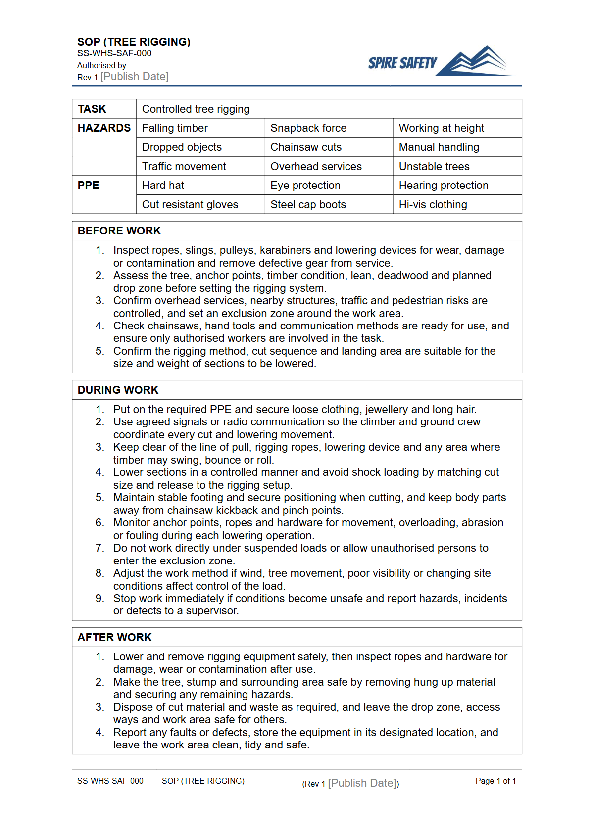 Free Safe Operating Procedure (Tree Rigging) Template — document preview