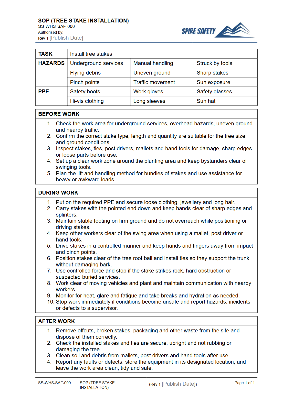 Free Safe Operating Procedure (Tree Stake Installation) Template — document preview