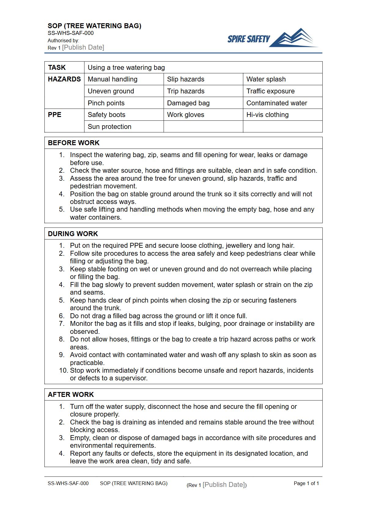Free Safe Operating Procedure (Tree Watering Bag) Template — document preview