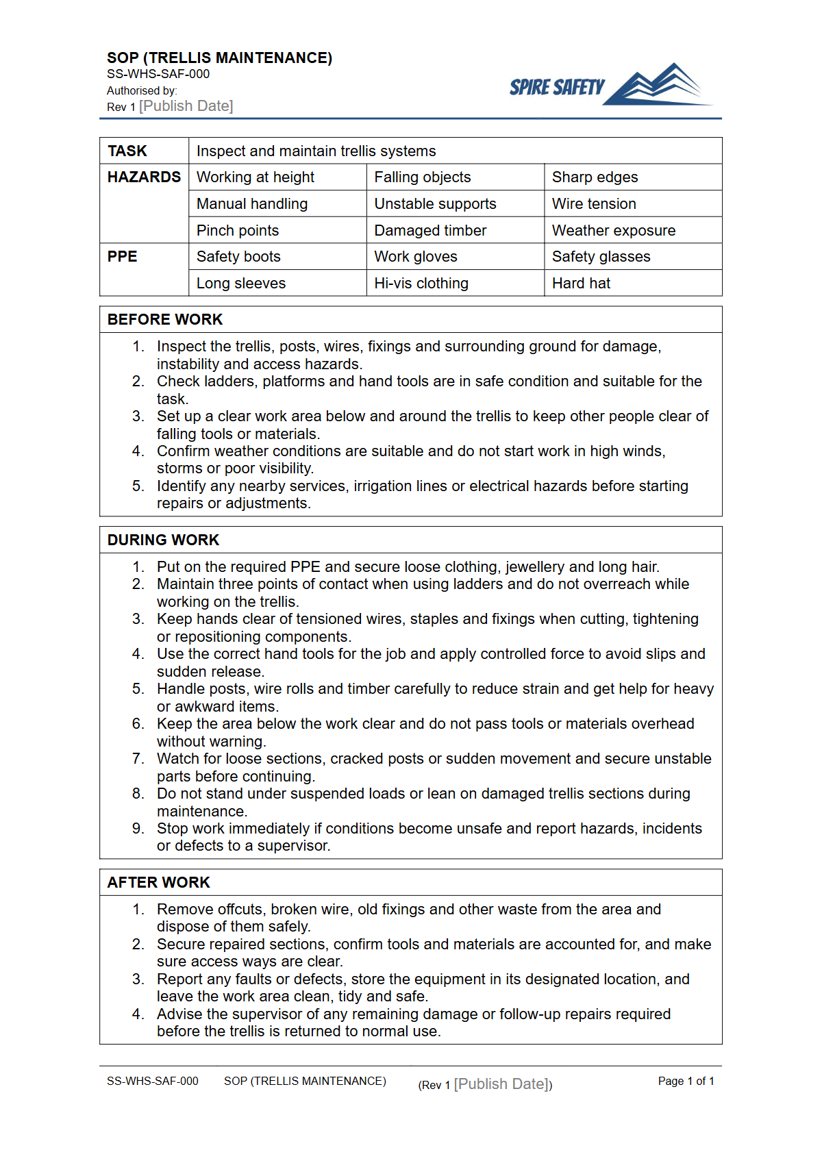 Free Safe Operating Procedure (Trellis Maintenance) Template — document preview