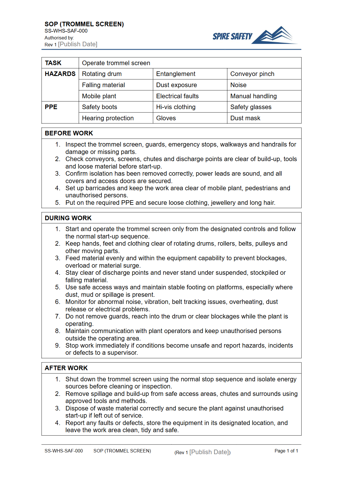 Free Safe Operating Procedure (Trommel Screen) Template — document preview