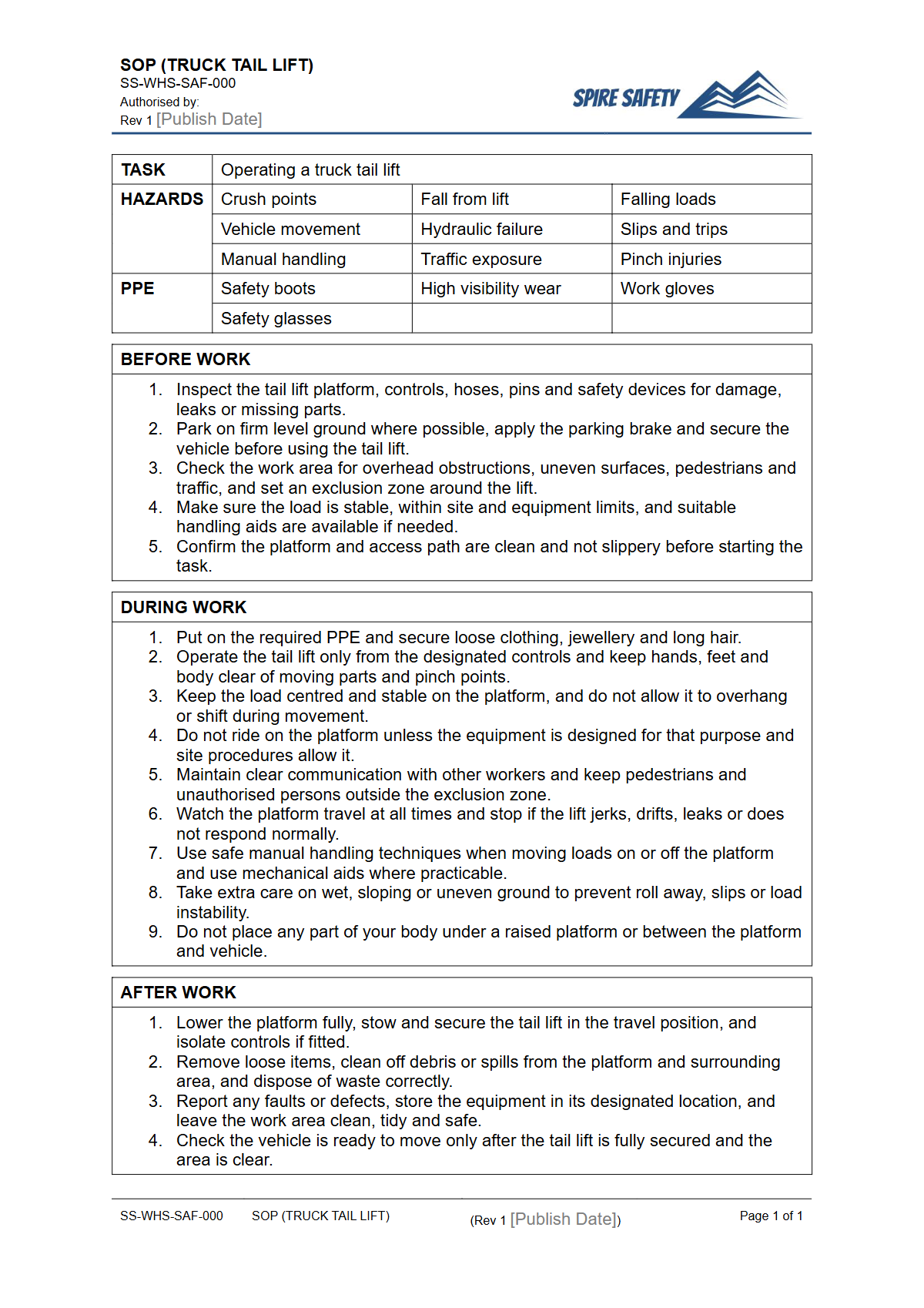 Free Safe Operating Procedure (Truck Tail Lift) Template — document preview