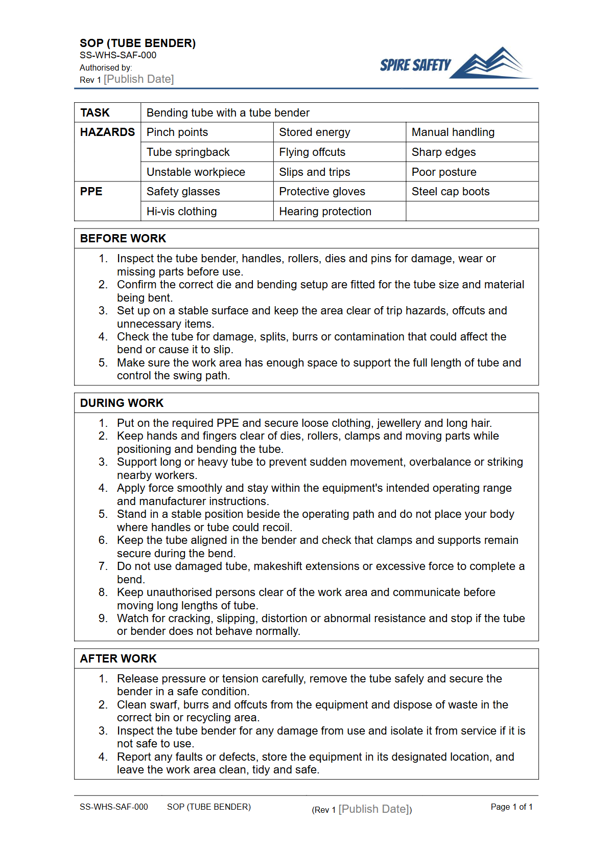 Free Safe Operating Procedure (Tube Bender) Template — document preview