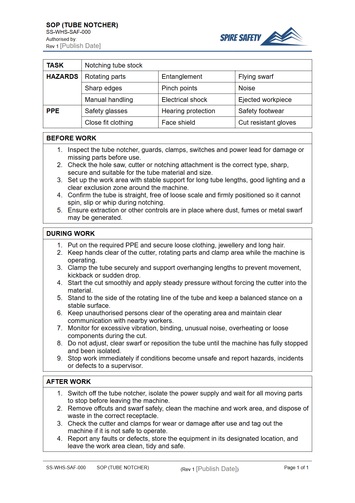 Free Safe Operating Procedure (Tube Notcher) Template — document preview