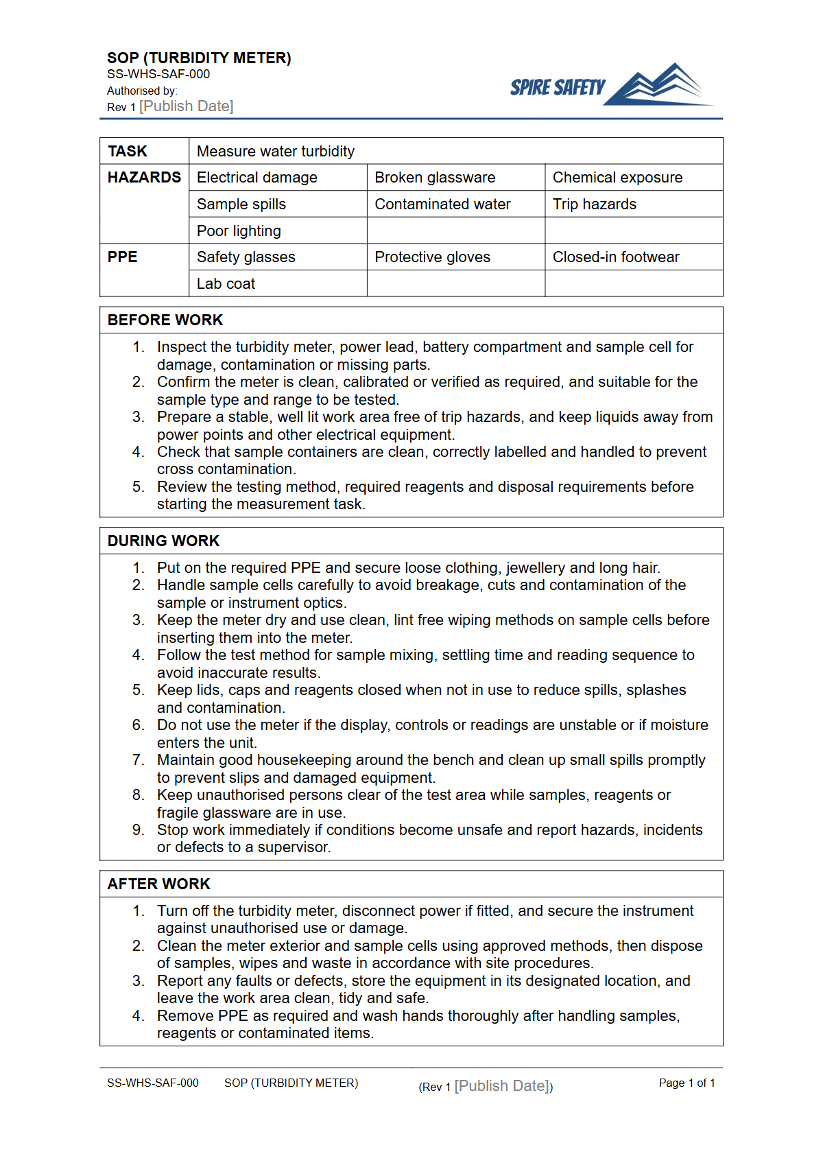 Free Safe Operating Procedure (Turbidity Meter) Template — document preview