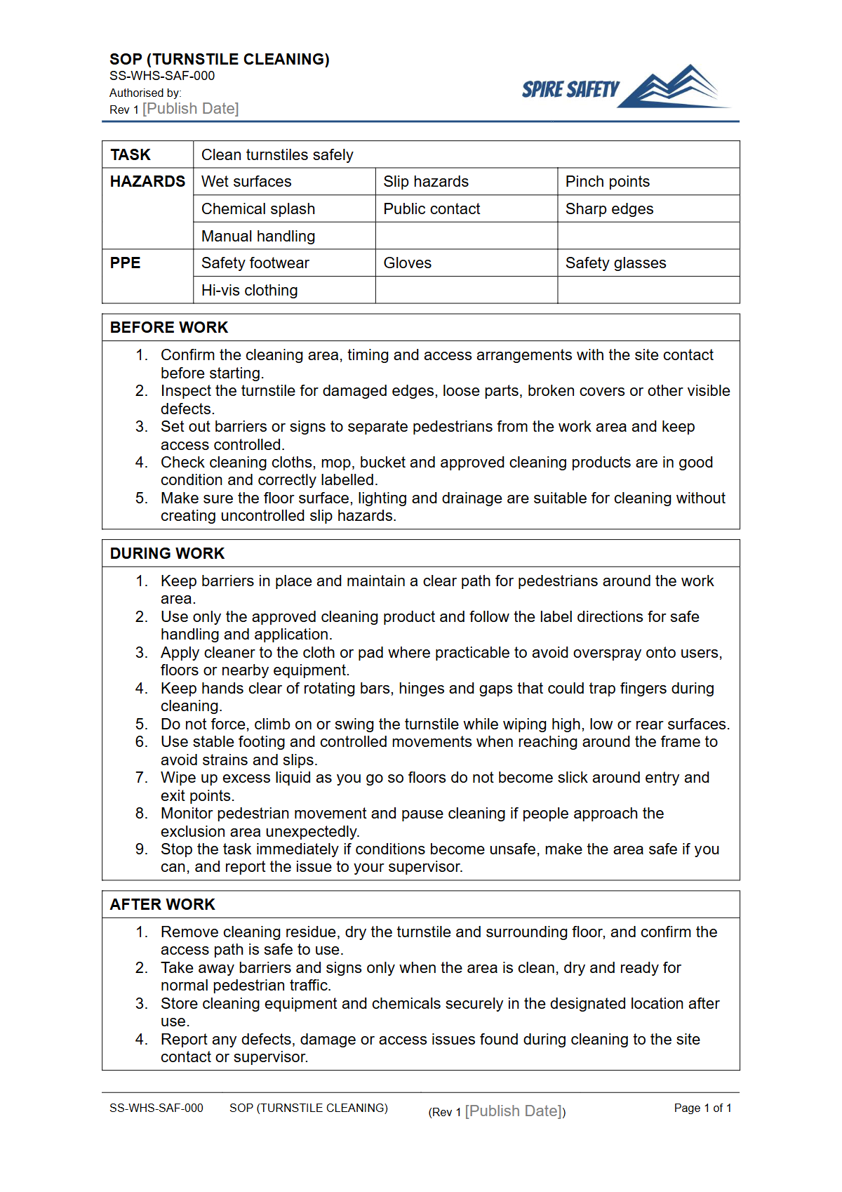 Free Safe Operating Procedure (Turnstile Cleaning) Template — document preview