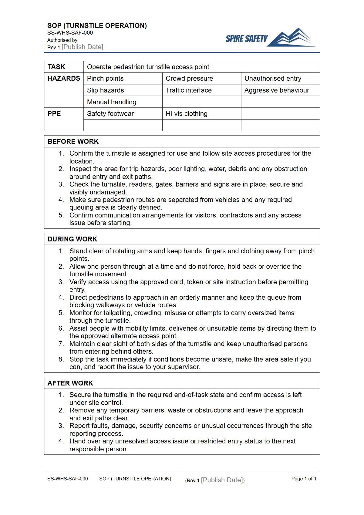 Free Safe Operating Procedure (Turnstile Operation) Template — document preview
