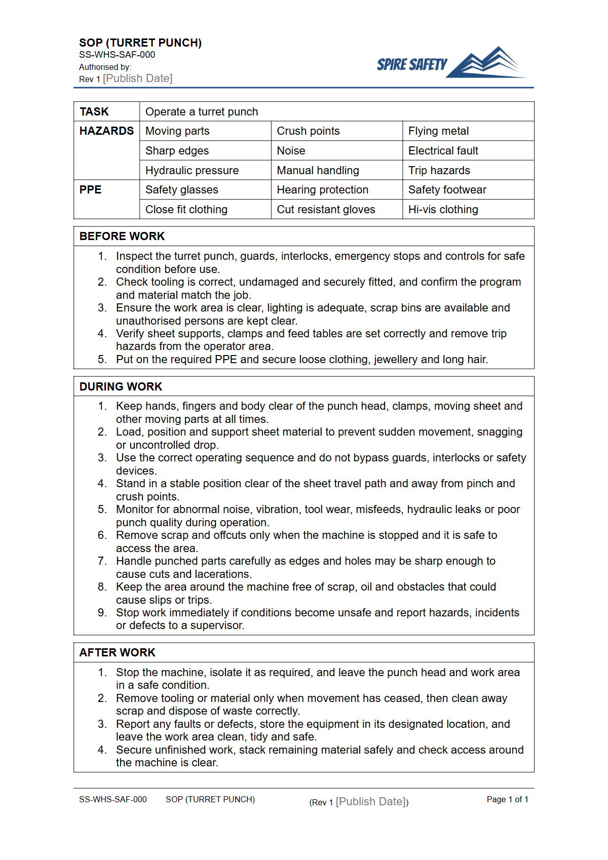 Free Safe Operating Procedure (Turret Punch) Template — document preview