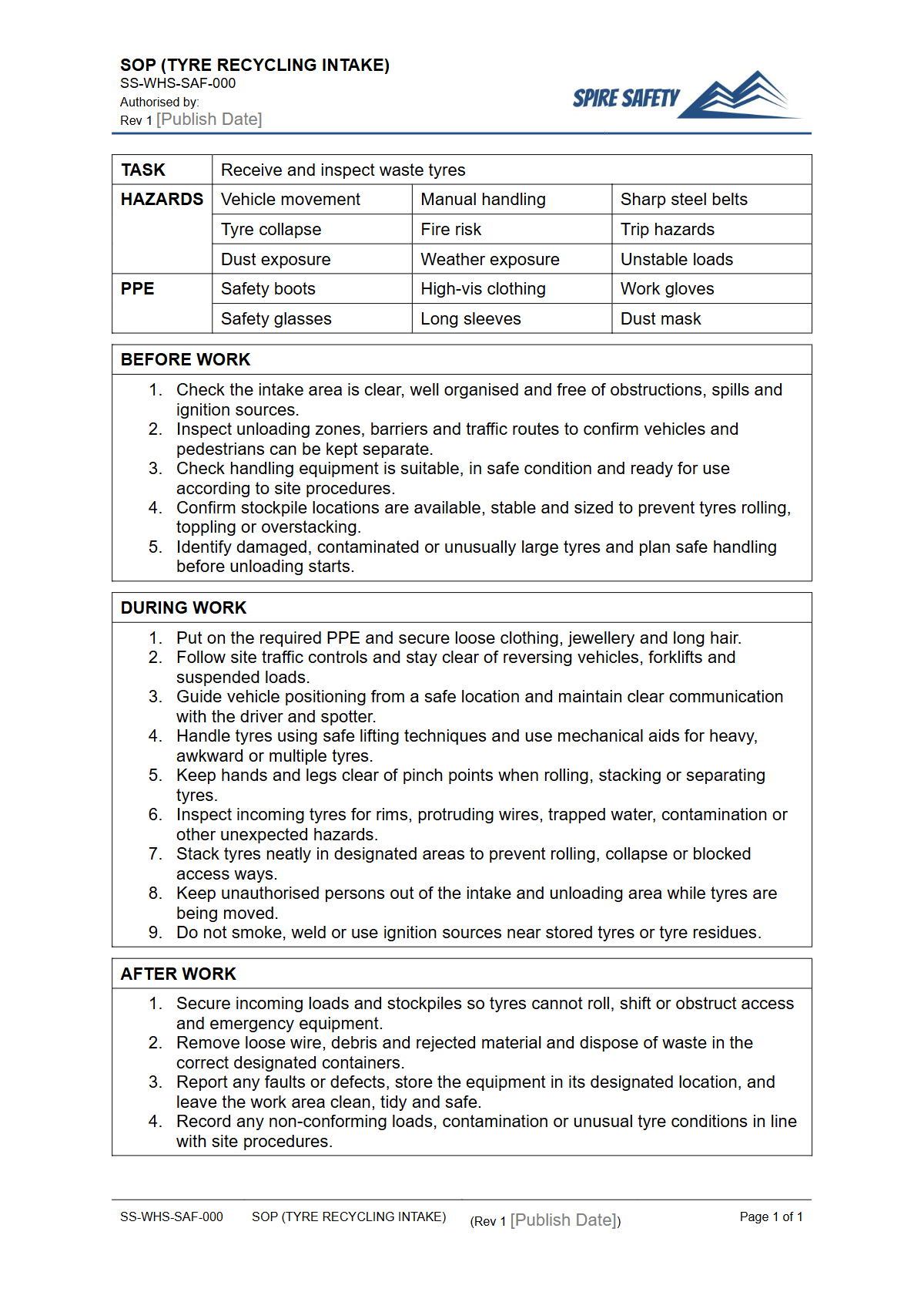 Free Safe Operating Procedure (Tyre Recycling Intake) Template — document preview
