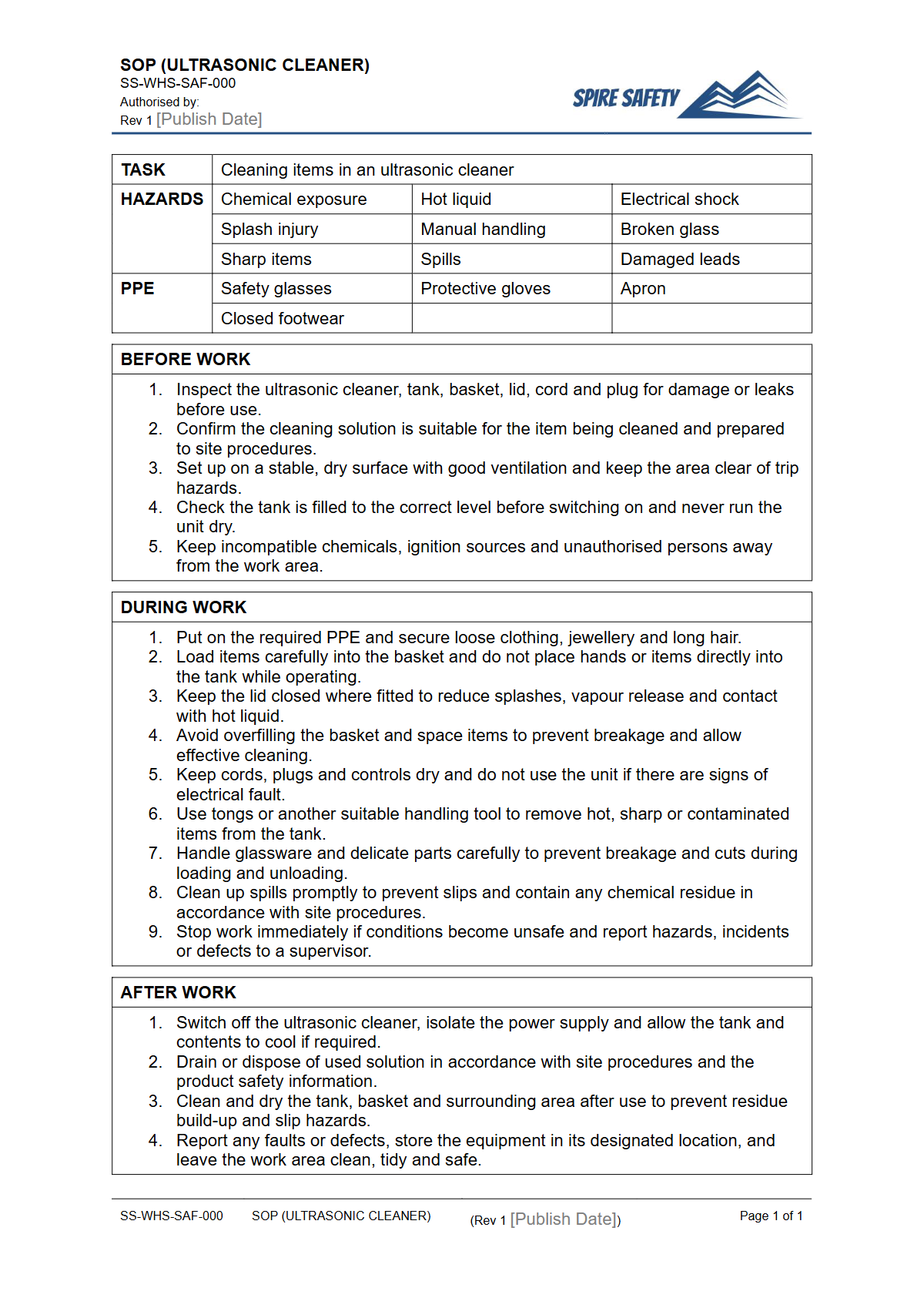 Free Safe Operating Procedure (Ultrasonic Cleaner) Template — document preview
